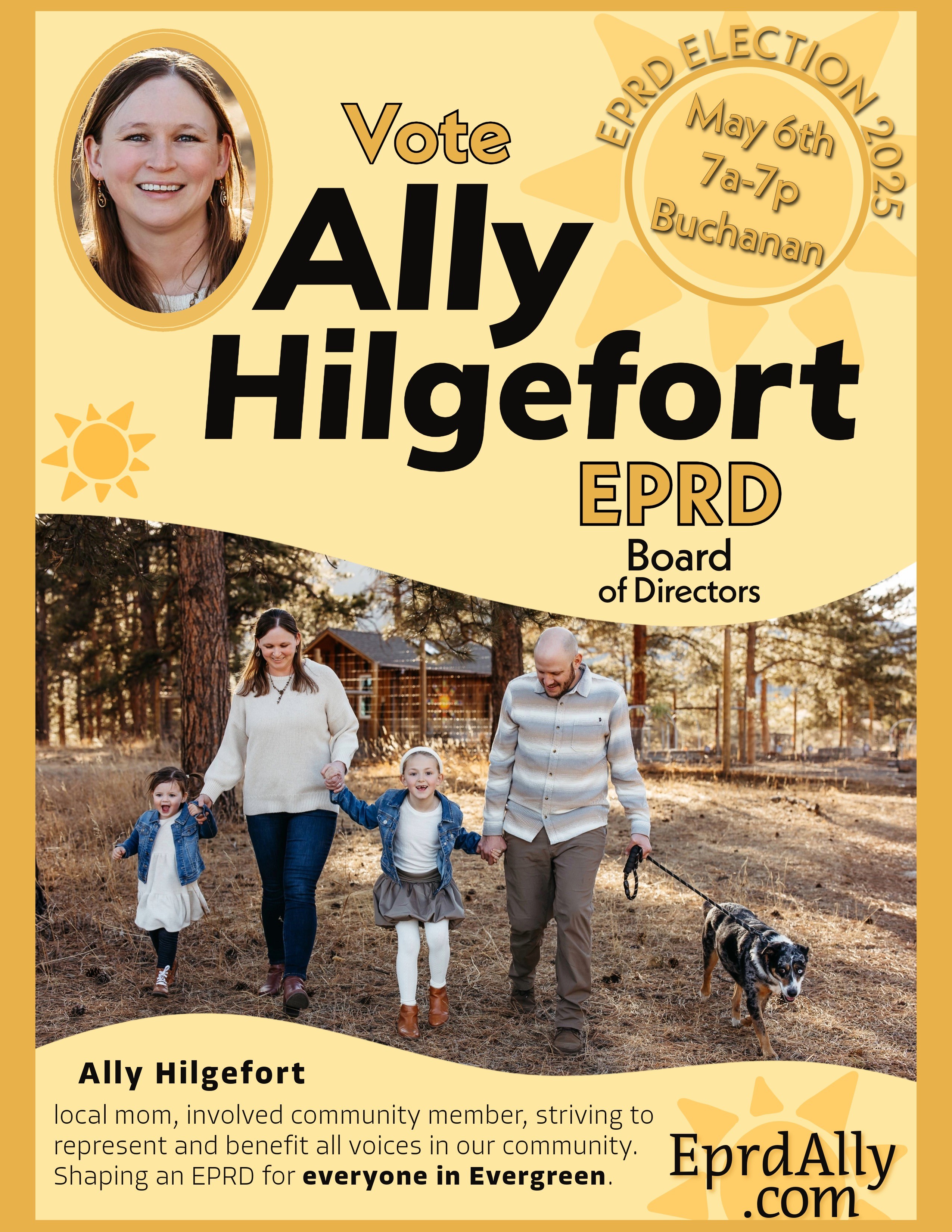 Campaign poster for Ally Hilgefort, running for EPRD Board of Directors, showing a woman, man, children, and a dog outdoors.