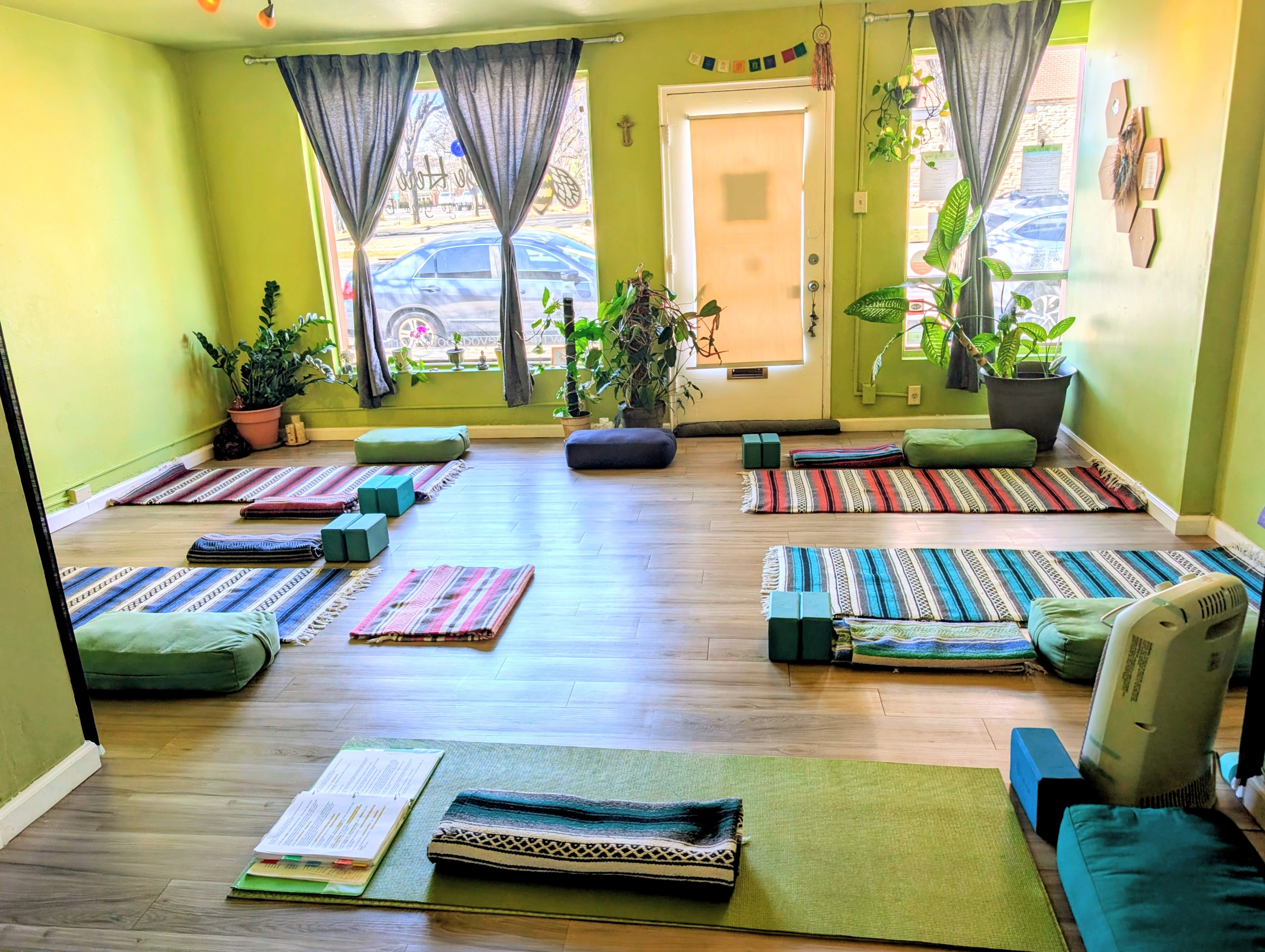 Room with green walls, mats, plants, windows with blue curtains, and a door, arranged for yoga or meditation.