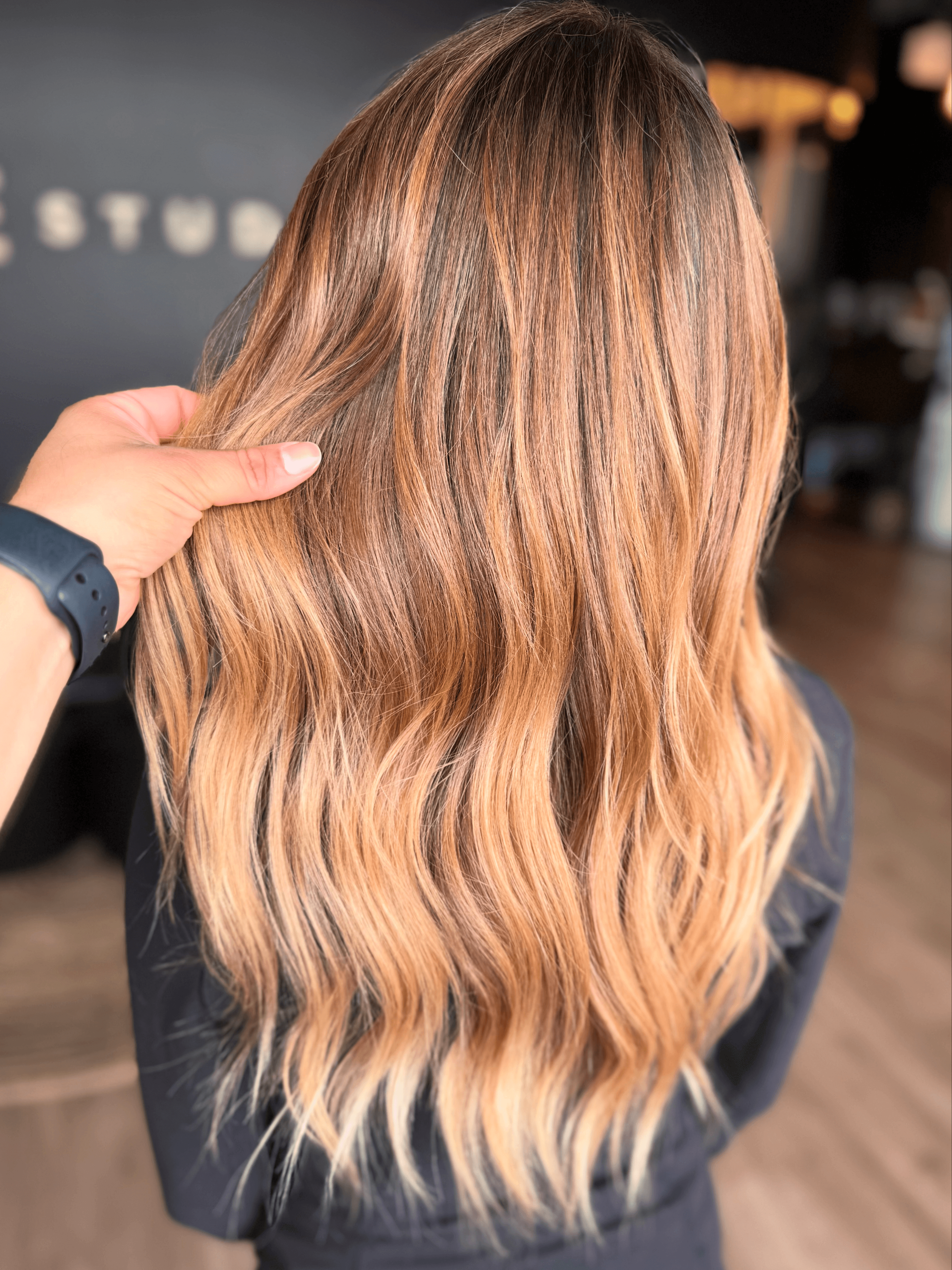 Back of a person's head with long, wavy, light brown hair with blonde highlights, indoors.
