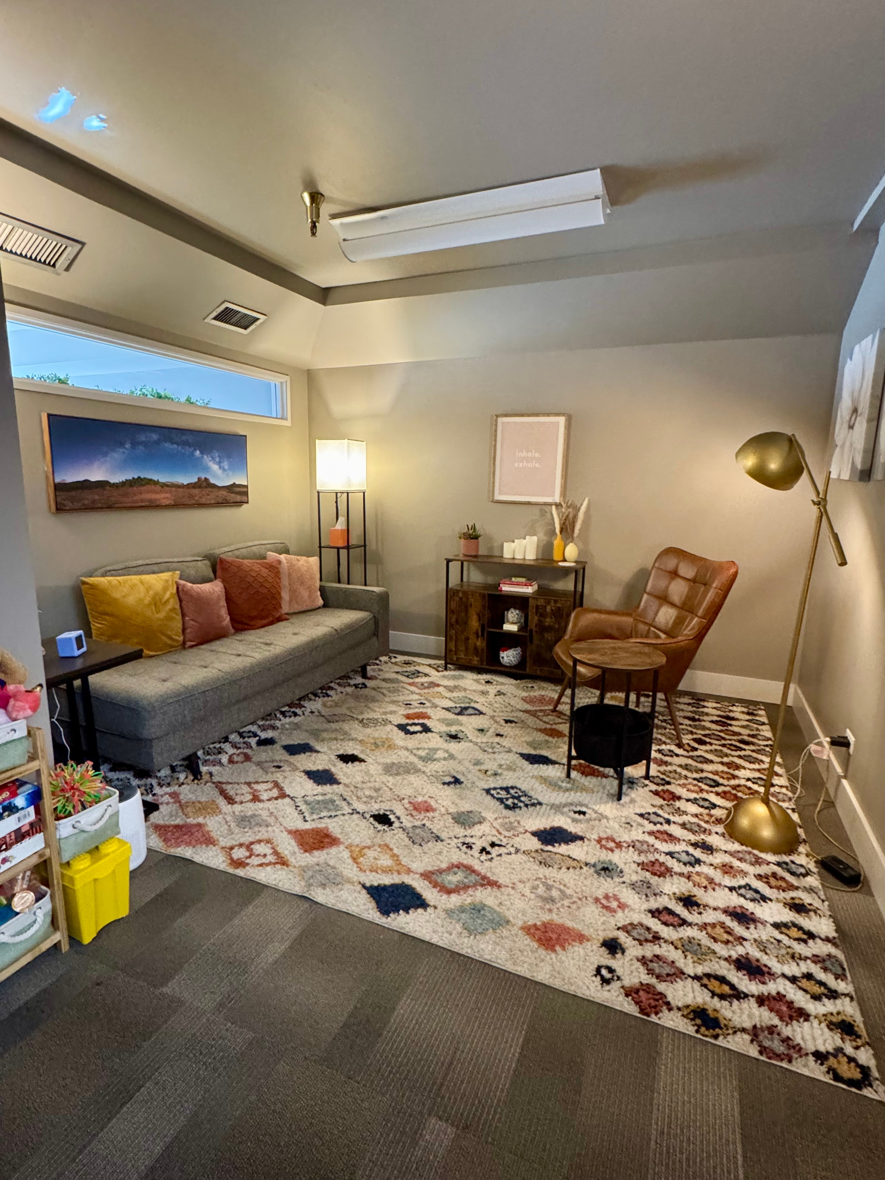Living room with a gray sofa, colorful pillows, a patterned rug, a brown armchair, a floor lamp, and wall art.