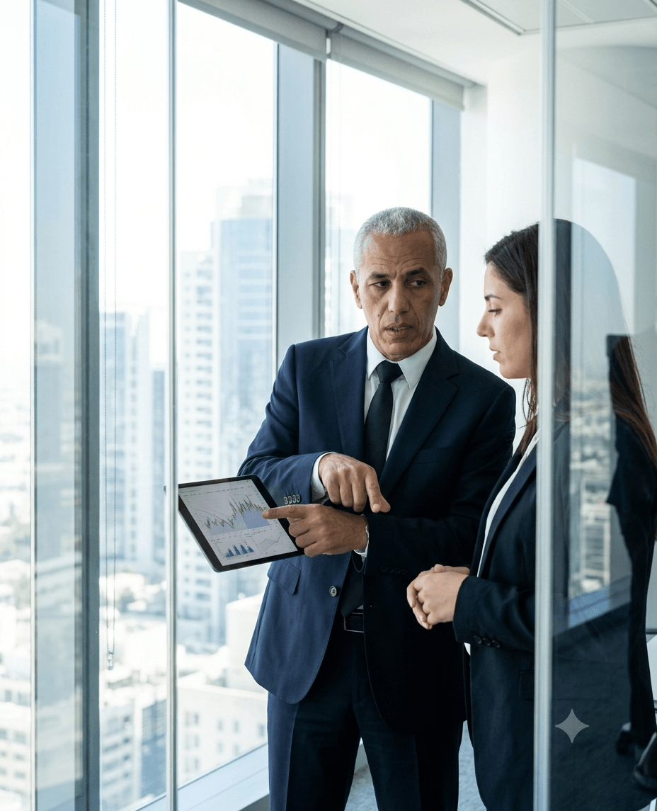 Two businesspeople, a man and a woman, in suits, talking in a modern office with large windows and city view.