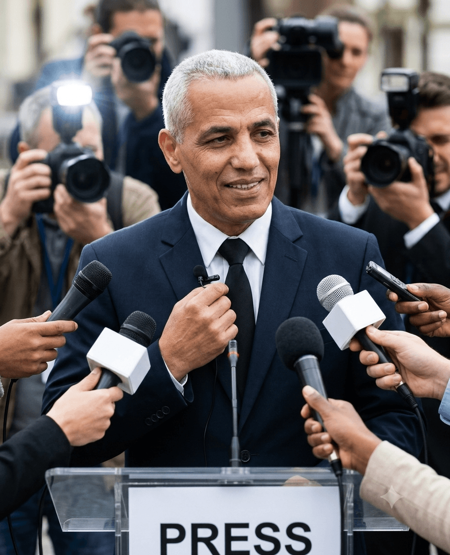 Man in suit speaking to reporters with microphones, surrounded by photographers and journalists, outdoors.