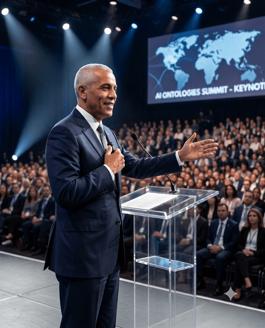 Man in suit speaking at a podium during a conference with a large audience and a world map on screen behind him.