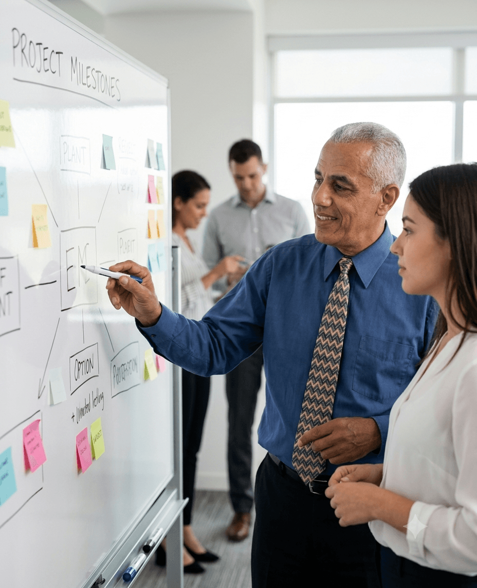 Two professionals, a man and a woman, discuss a project on a whiteboard in a bright office, with others working in background.