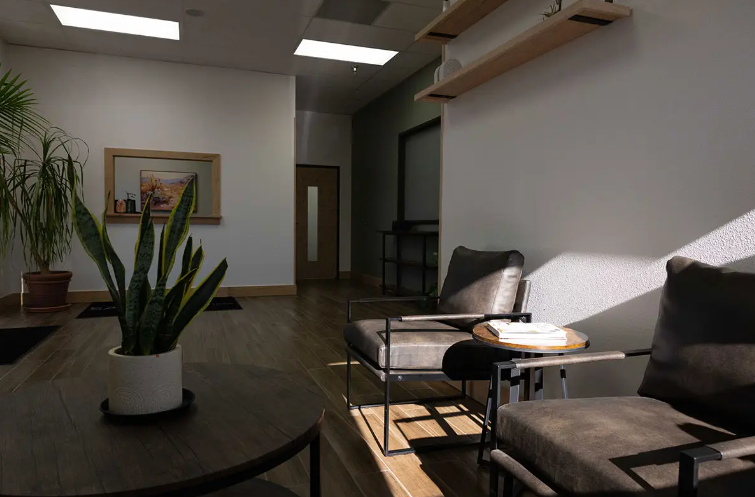 Interior room with chairs, a table, potted plants, and artwork on the wall, illuminated by ceiling lights.