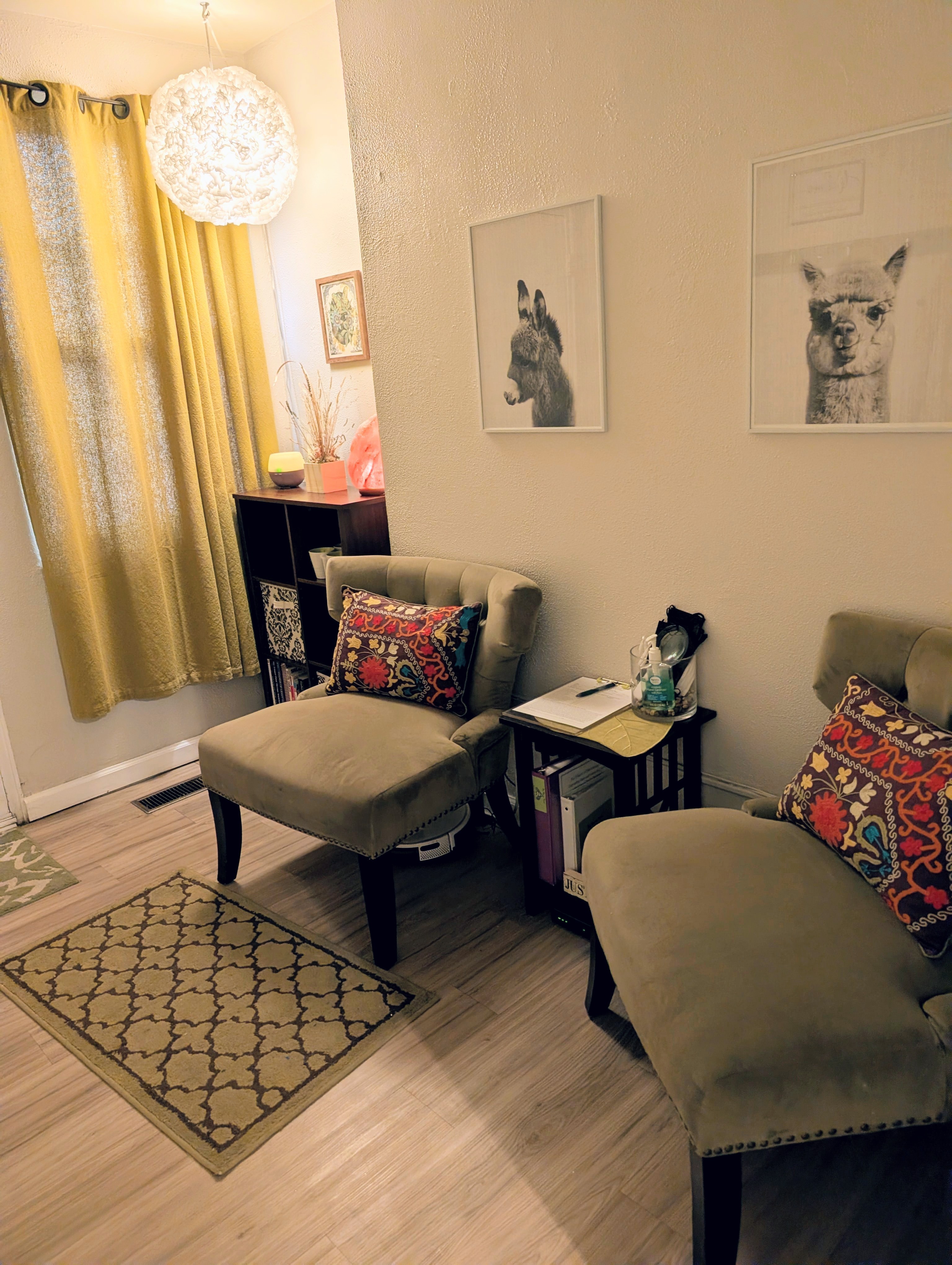 Living room with two armchairs, side table, artwork of animals, yellow curtains, and a patterned rug.