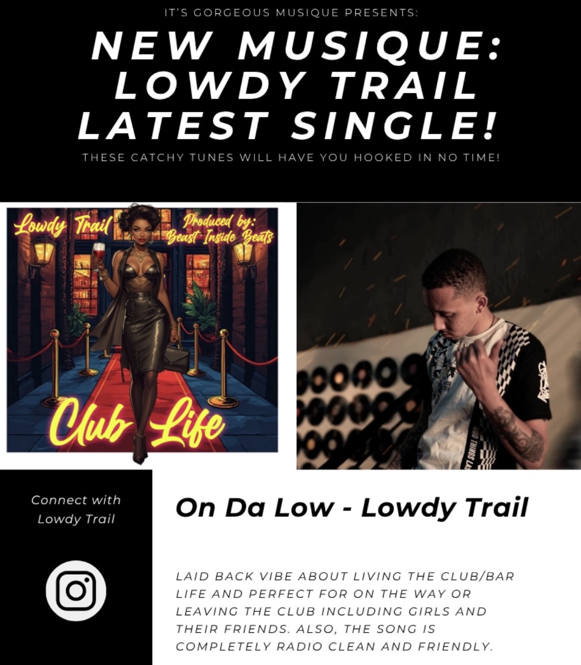 Promotional poster for Lowdy Trail's single 'On Da Low,' featuring a woman in a black dress and a man playing guitar.