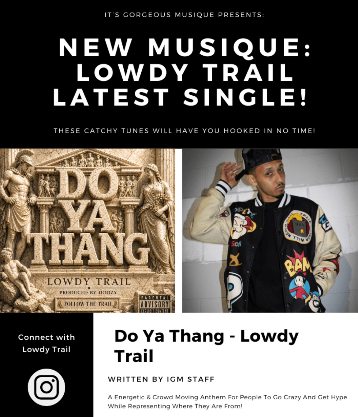 Promotional poster for Lowdy Trail's single 'Do Ya Thang,' featuring a statue and a person wearing a colorful jacket.
