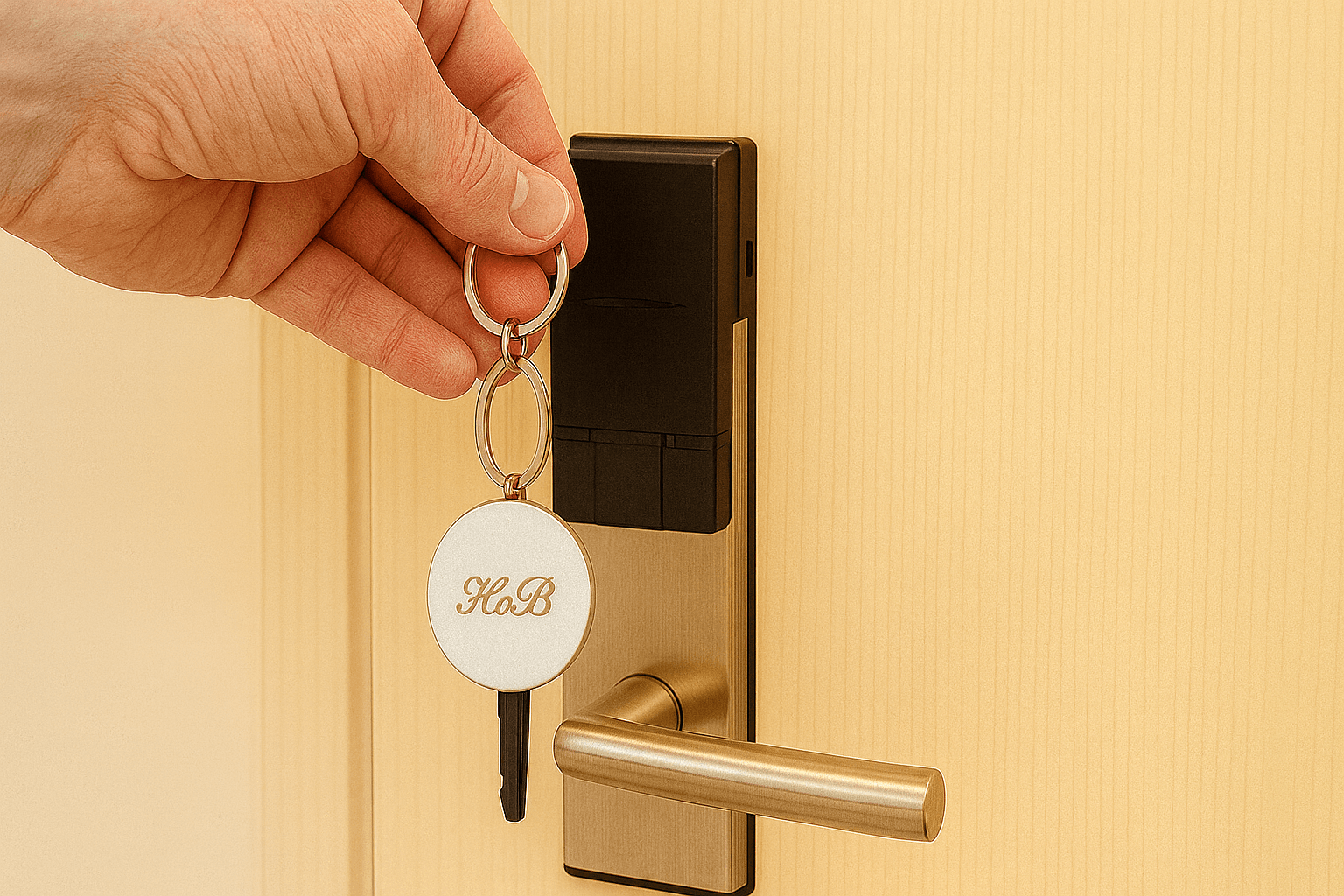 Hand holding a key with a round white keychain near a door lock, door handle visible.