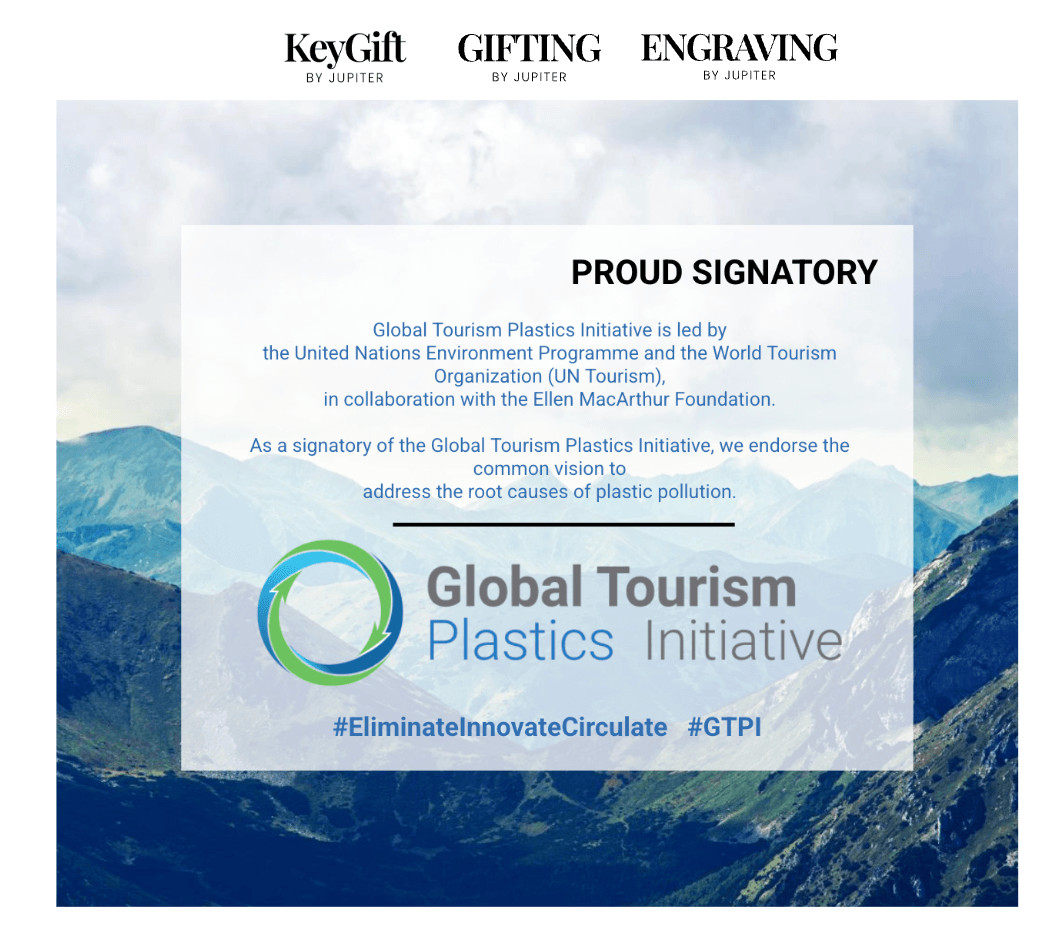 Certificate with mountains background, text about Global Tourism Plastics Initiative, and logo, in landscape orientation.