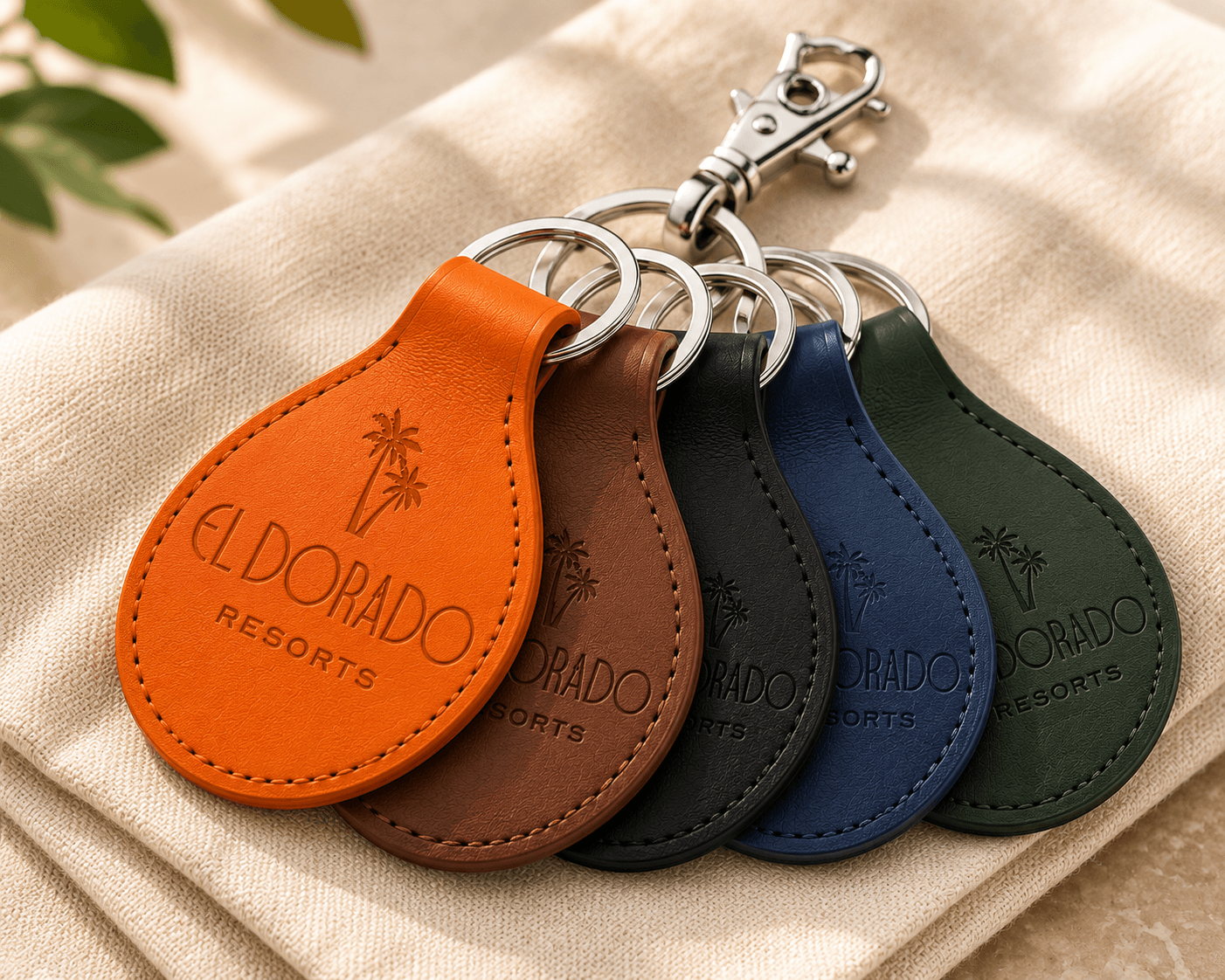 Set of five leather keychains in orange, brown, black, blue, and green with EL DORADO RESORTS logo, on fabric surface.
