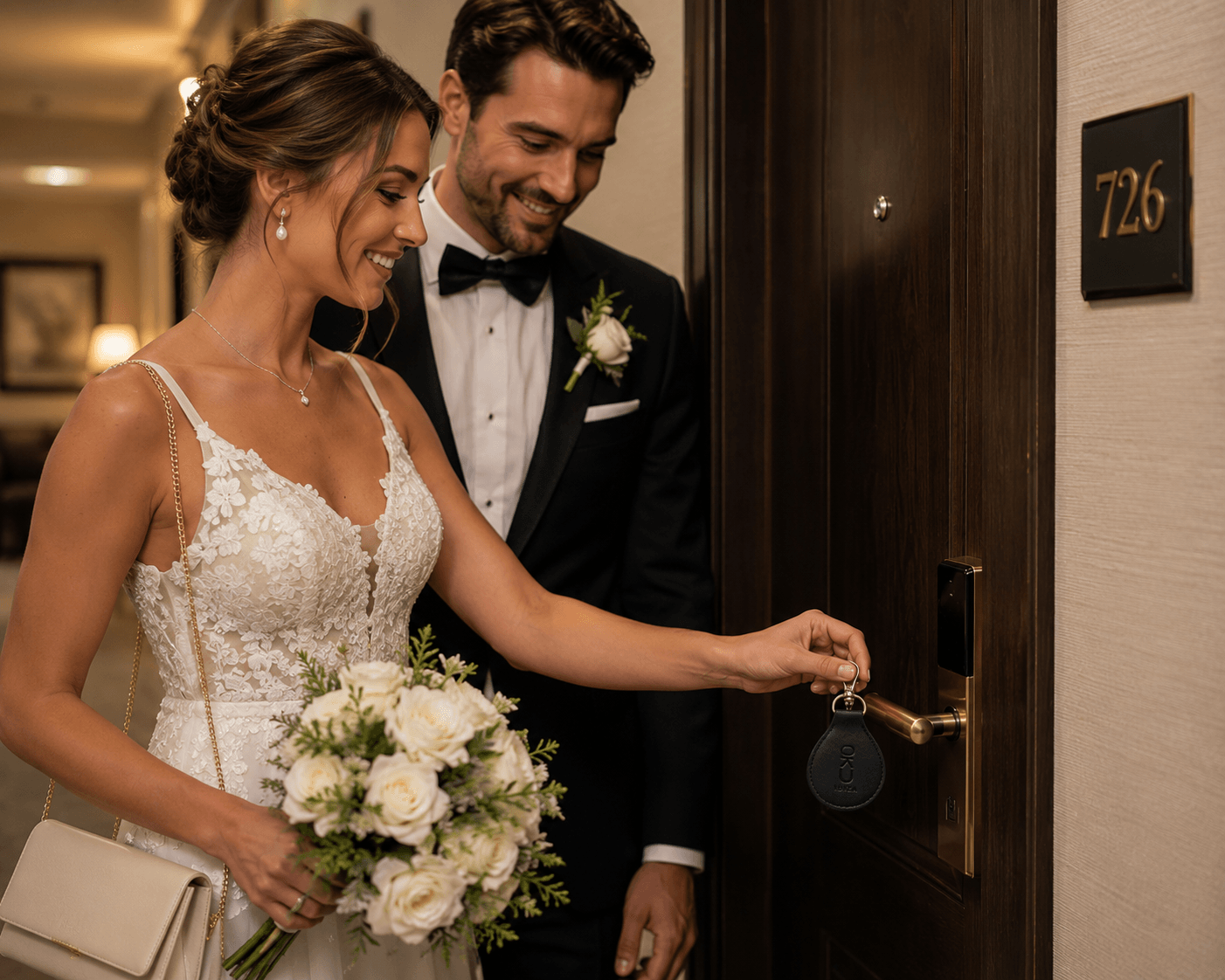 Bride and groom in wedding attire, smiling, standing outside a door with a key, bride holding a bouquet.