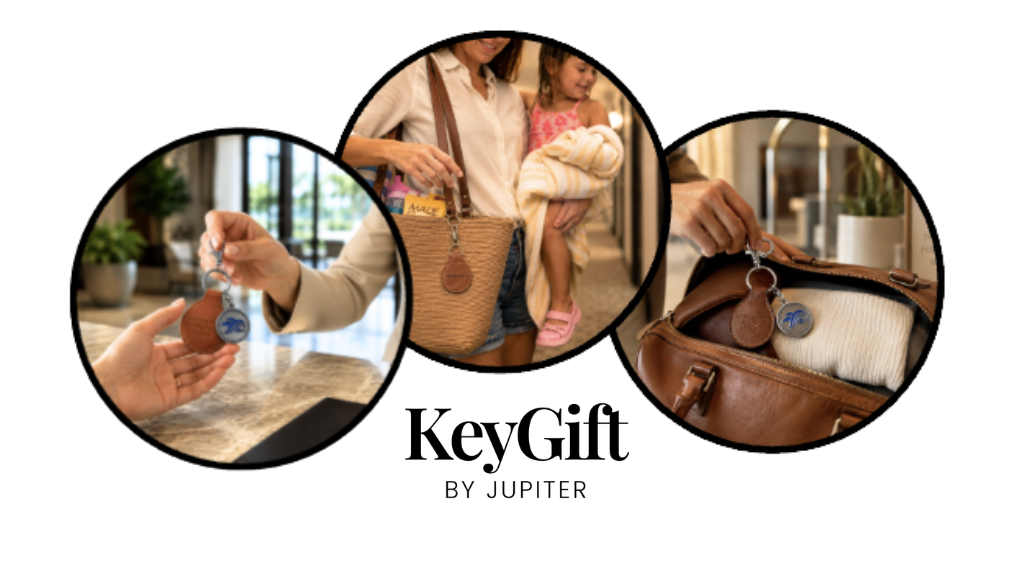 Three circular images showing a person receiving a key, people shopping, and a bag with a rolled-up item inside.