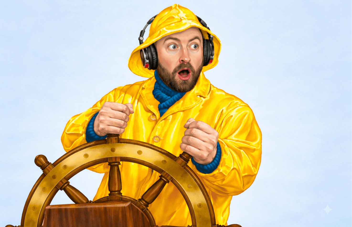 Man in yellow raincoat and hat with headphones, holding a ship's steering wheel, looking surprised, against a light blue background.