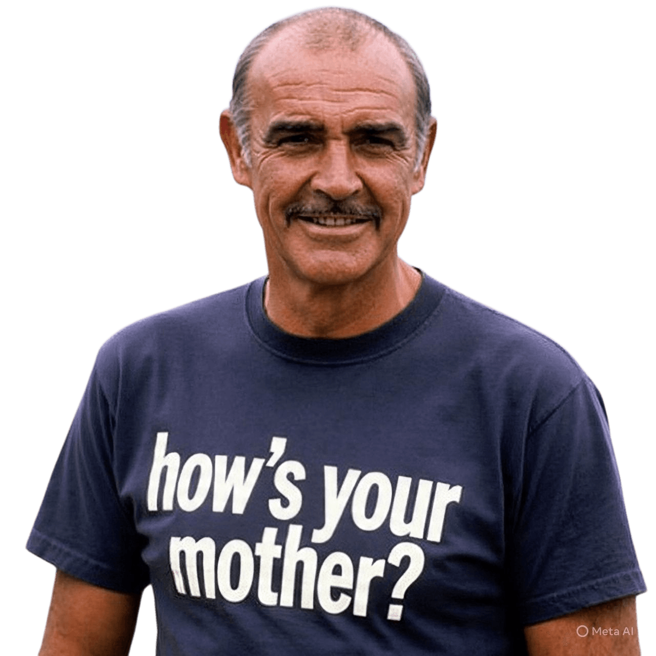 Man smiling, wearing a navy T-shirt with white text asking about mother's well-being, against a black background.