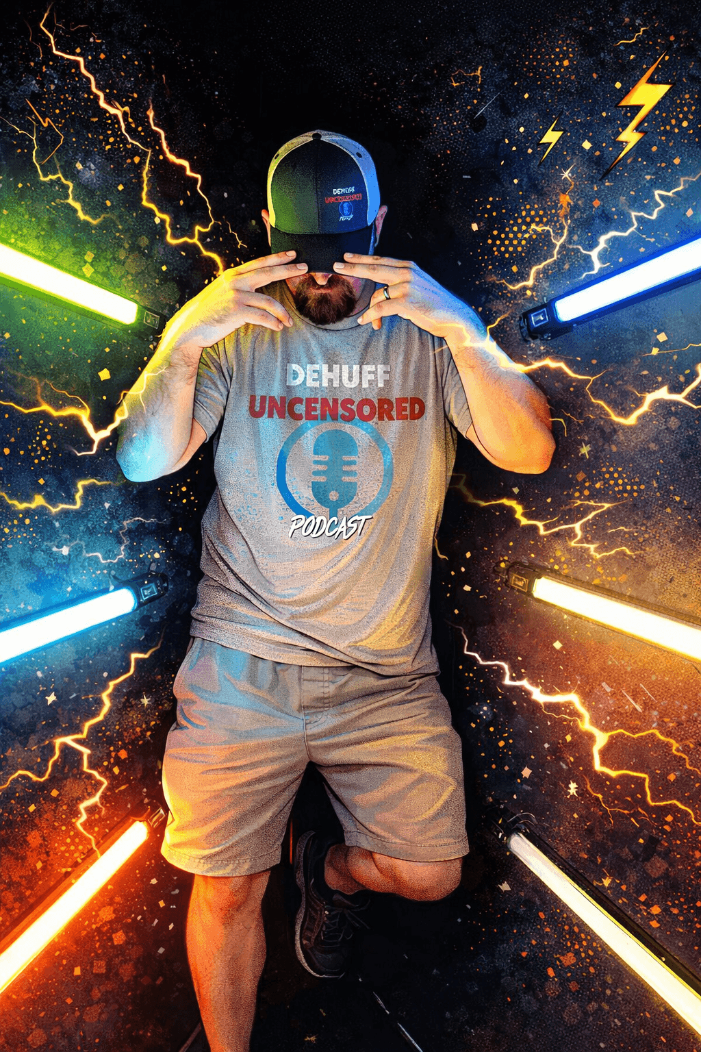 Person wearing a virtual reality headset, surrounded by colorful lightning effects, standing with one knee raised, hands near face.