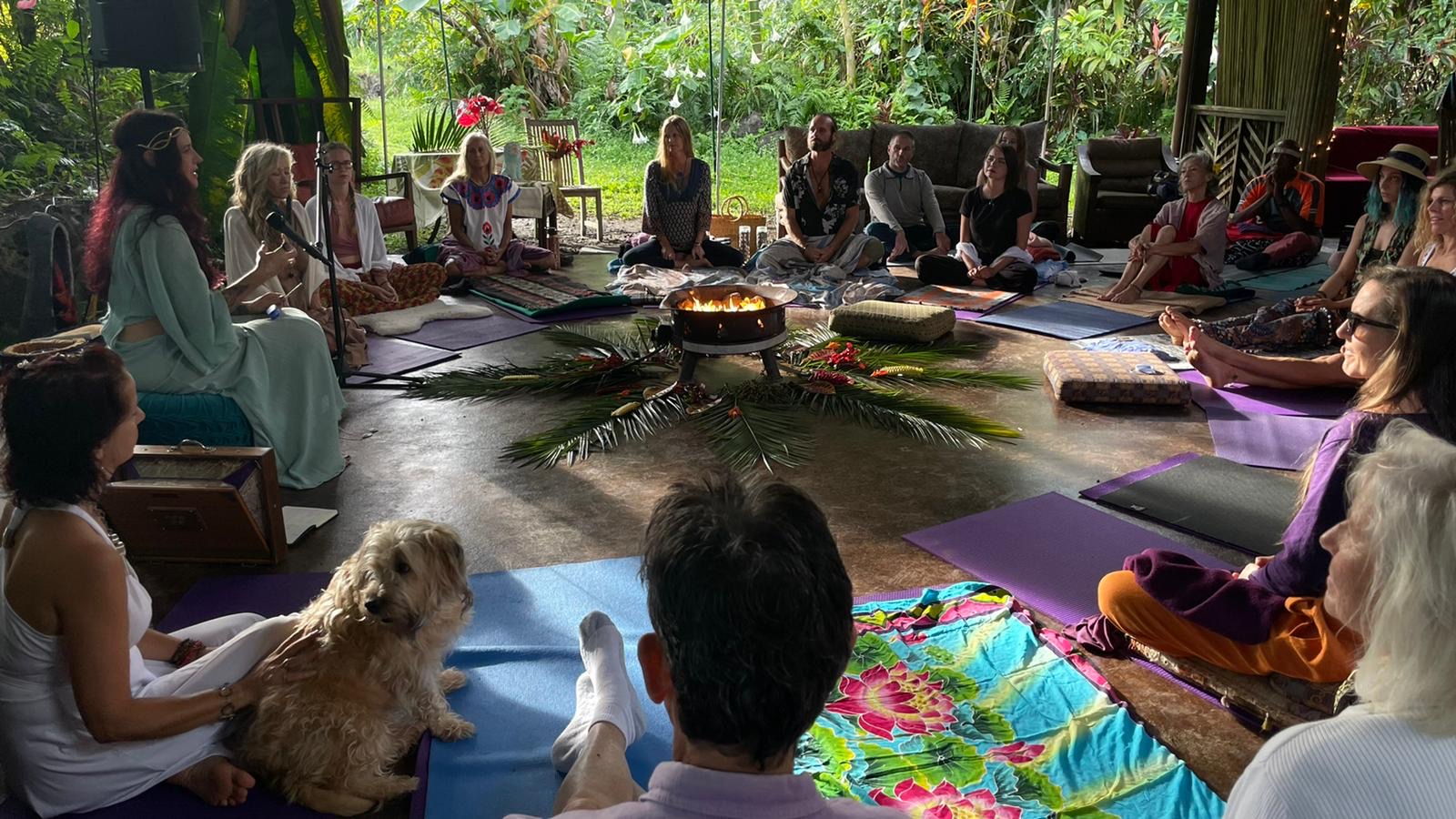 Group of people sitting on mats in a circle outdoors, with a dog, surrounded by greenery, participating in a gathering.