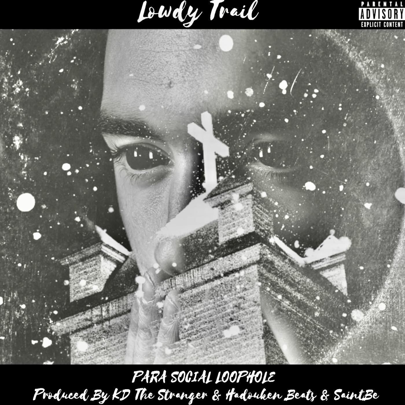 Black and white album cover with a person's face, a cross, and a building, with splattered paint effects.