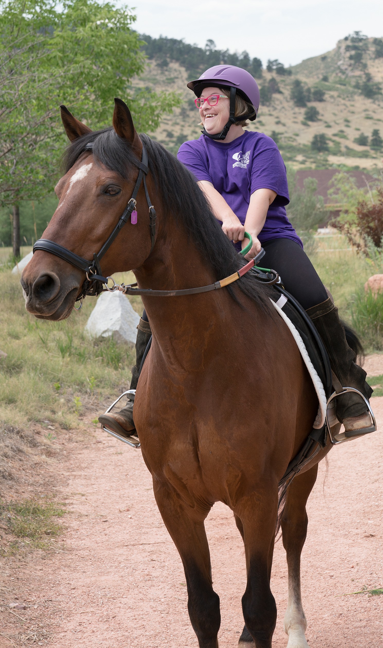 Person wearing a purple helmet and shirt rides a brown horse on a dirt path with trees and hills in the background.