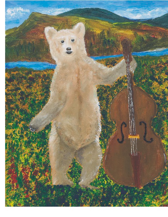 A bear standing on grass with a mountain and river in the background, holding a cello. Bright colors and a landscape scene.