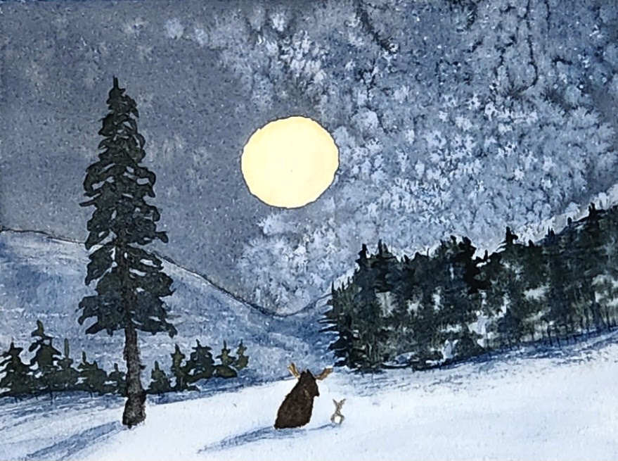 Night scene with a full moon, snow-covered landscape, trees, a person, and a small animal, possibly a dog, in the foreground.