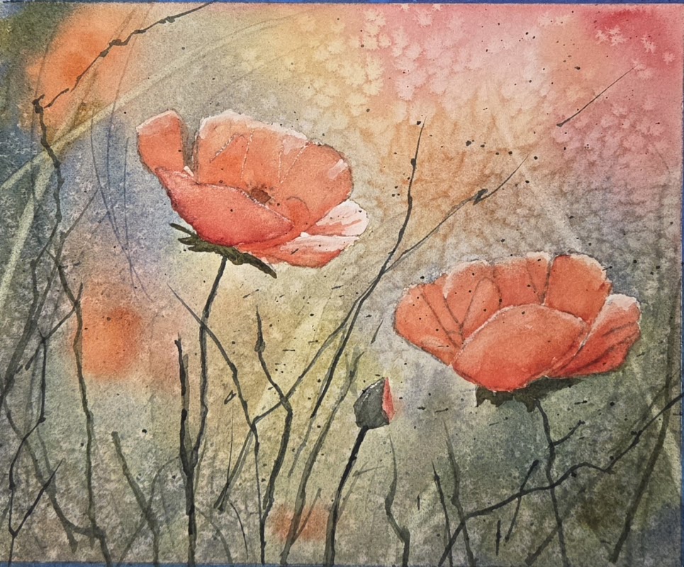 Two pink poppies with stems and buds in a watercolor background, soft colors blending together.
