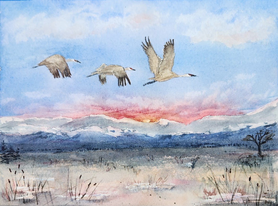 Four cranes flying over a landscape with mountains and a sunset sky, watercolor style, with a tree in the foreground.
