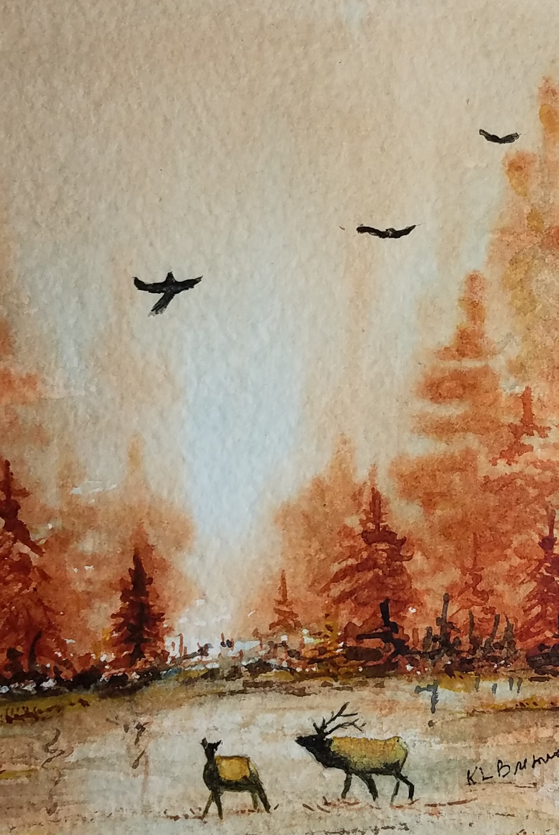 Watercolor painting of trees, two deer, and birds flying in a sky with warm orange and beige tones.