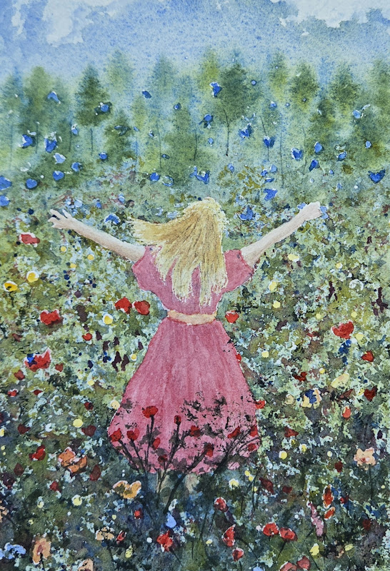 Person with long blonde hair in a pink dress stands in a colorful flower field with arms outstretched.