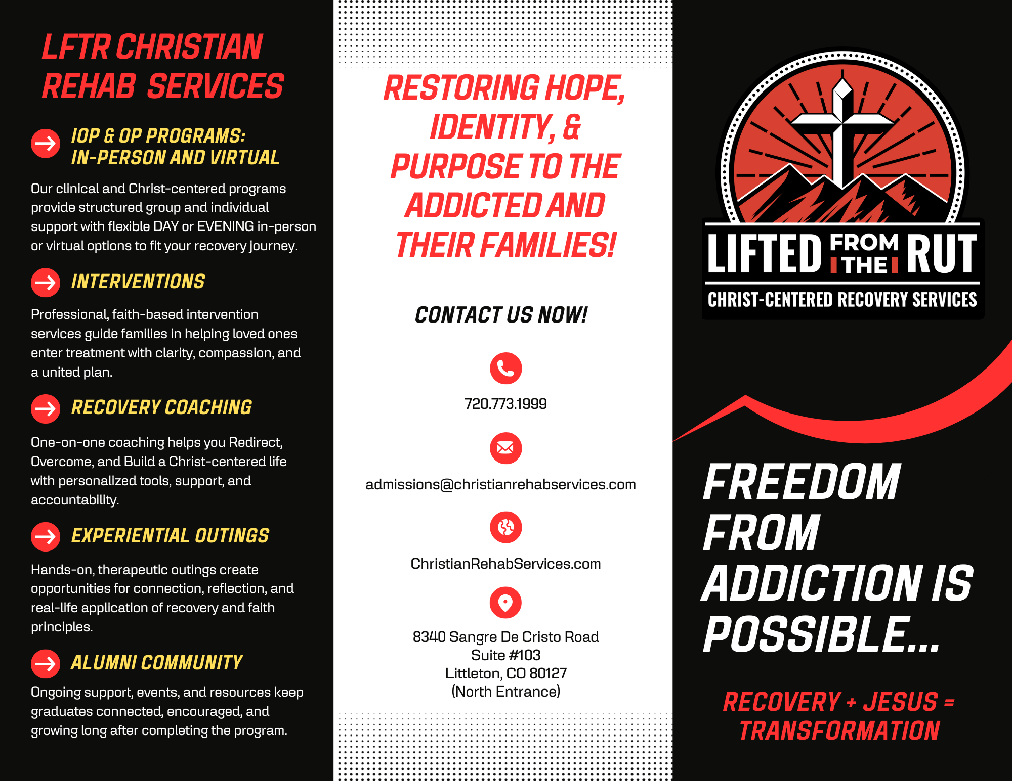 Flyer for Christian rehab services with red, black, and white design, cross logo, and text about recovery and freedom. Word count: 44