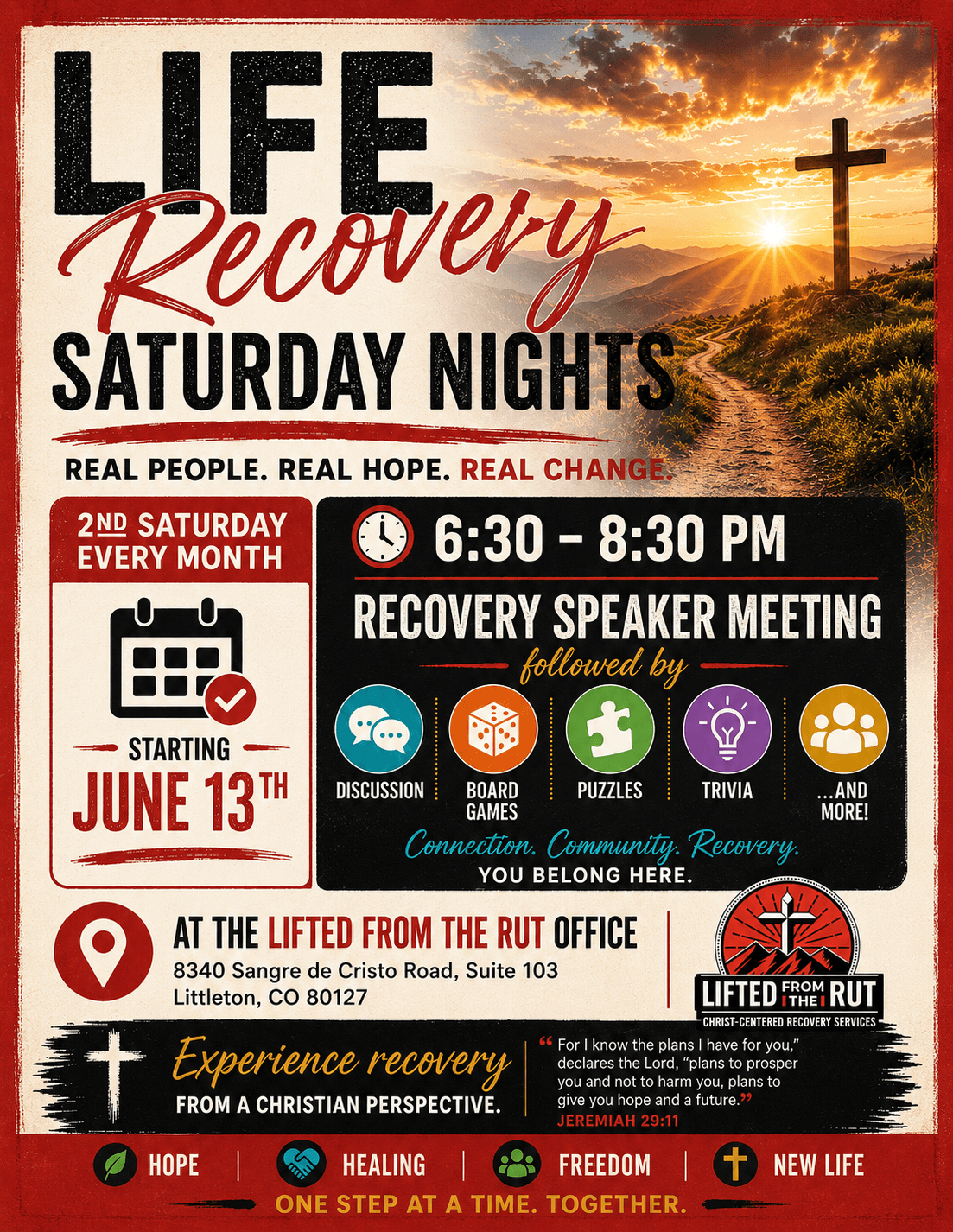 Event poster for Saturday night recovery meeting with sunset, cross, and pathway, includes date, time, and details, 20 words.