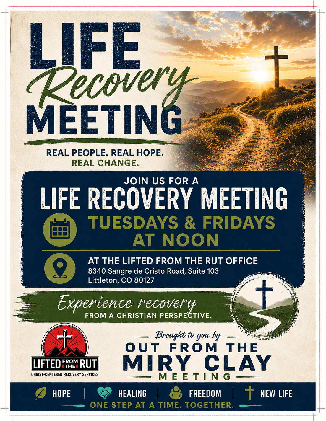 Poster for a life recovery meeting with a cross on a hill, sunset, and event details, including location and time.