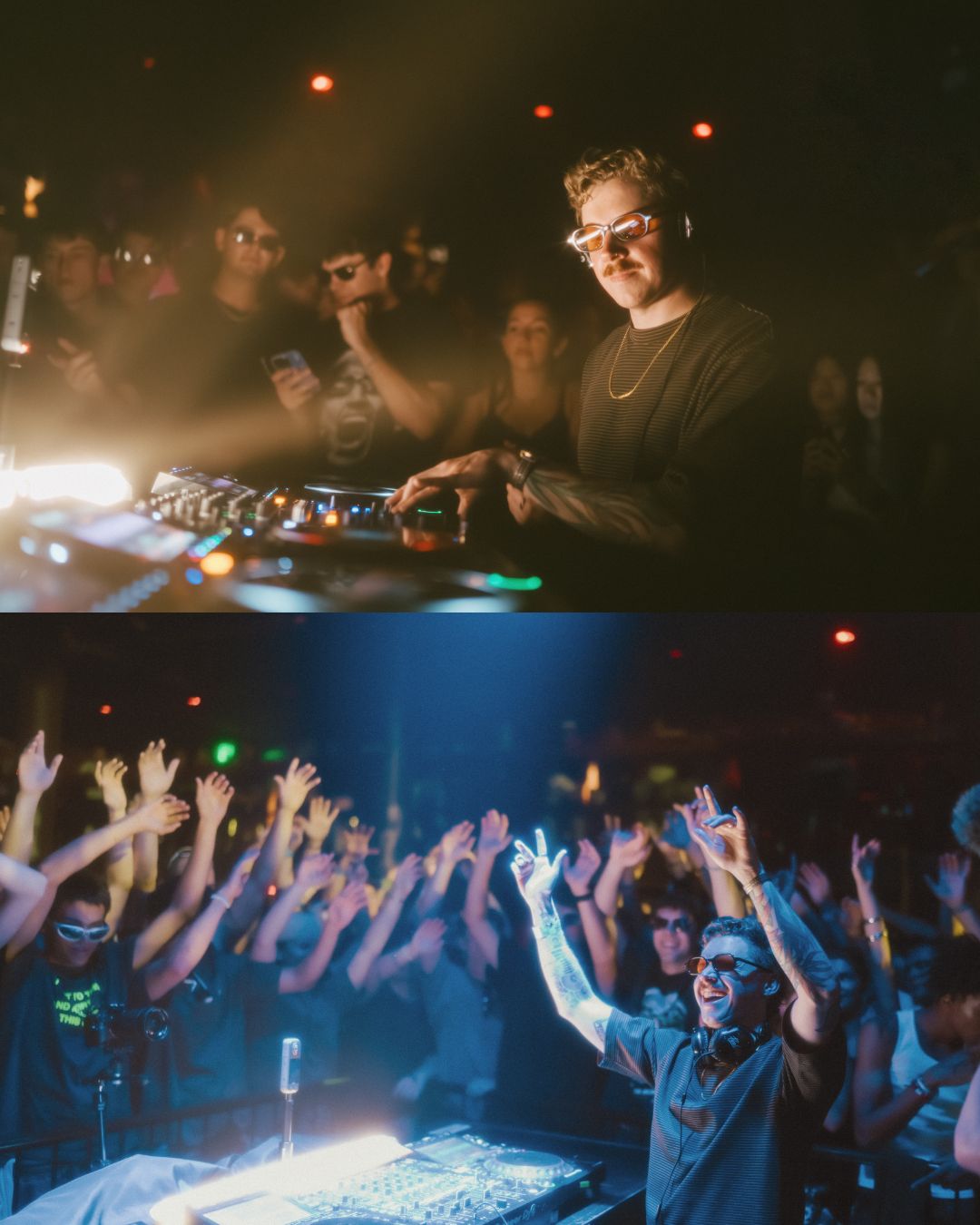 DJ with glasses and headphones performs at a crowded nightclub with raised hands and colorful lighting.