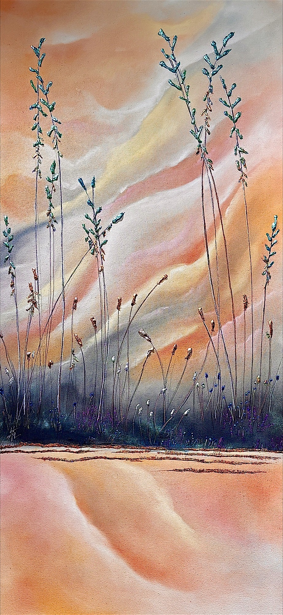 Watercolor painting of tall, slender plants against a colorful sky with soft clouds and a reflective water surface.