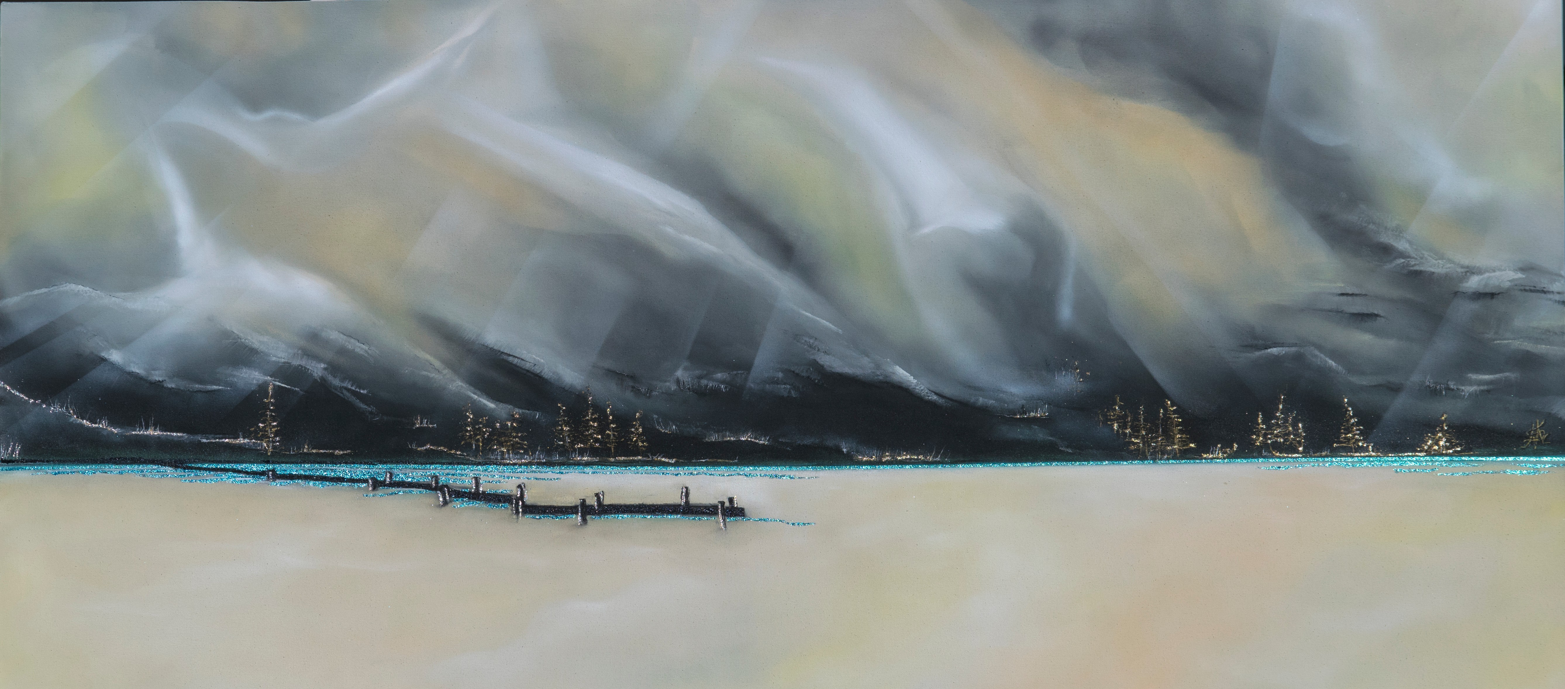 Sky with dark, swirling clouds over a calm body of water with a pier in the foreground.
