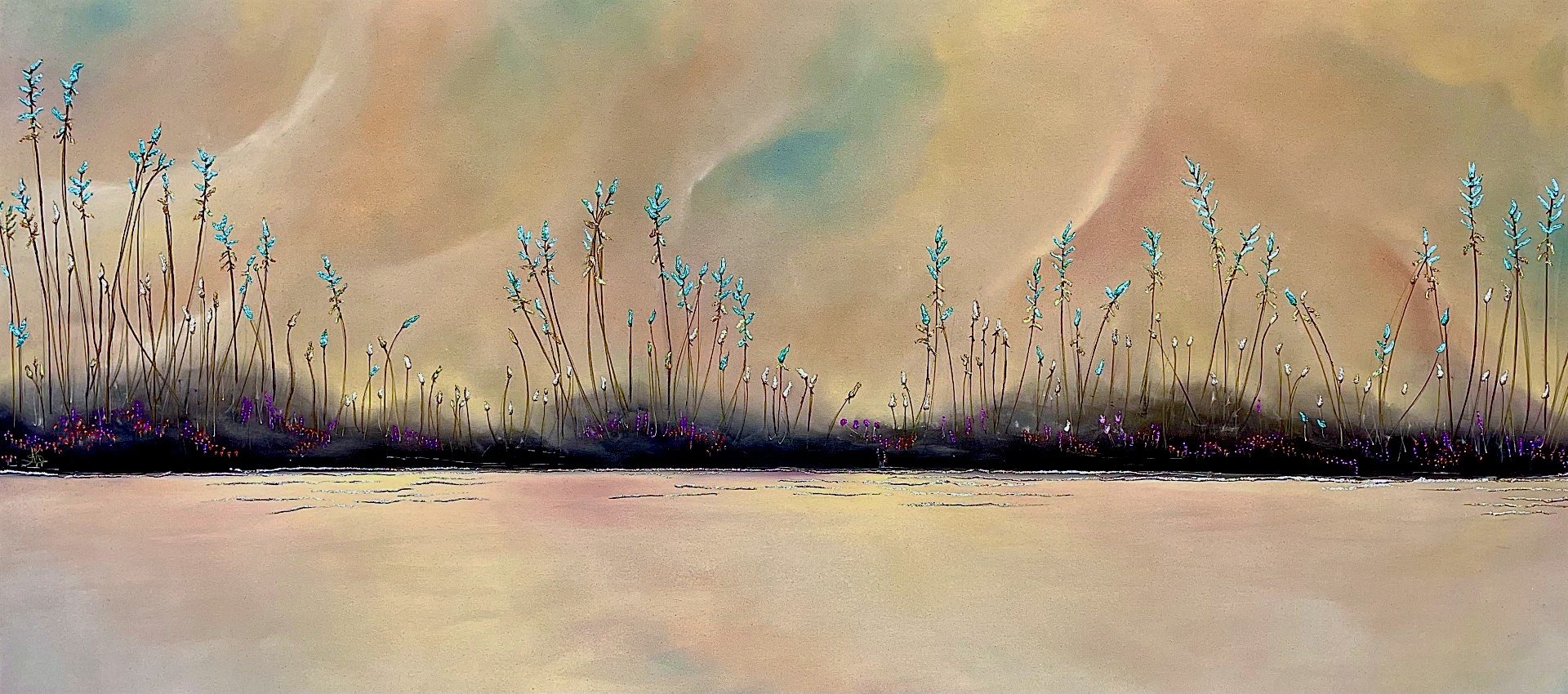 Landscape with tall, thin plants and a cloudy sky, reflected on a calm water surface.