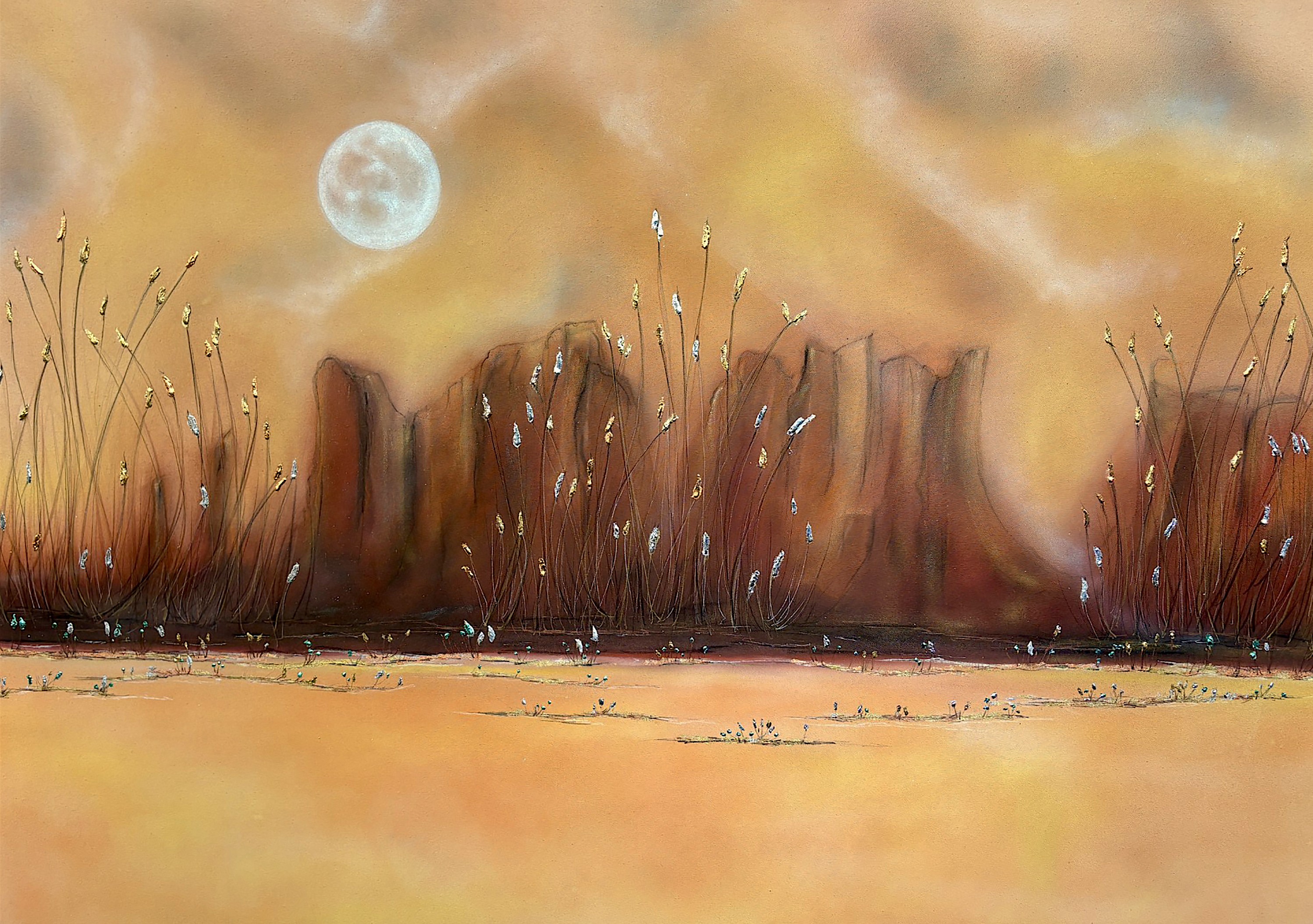 Landscape with a full moon, tall plants, and a hazy sky in warm tones.
