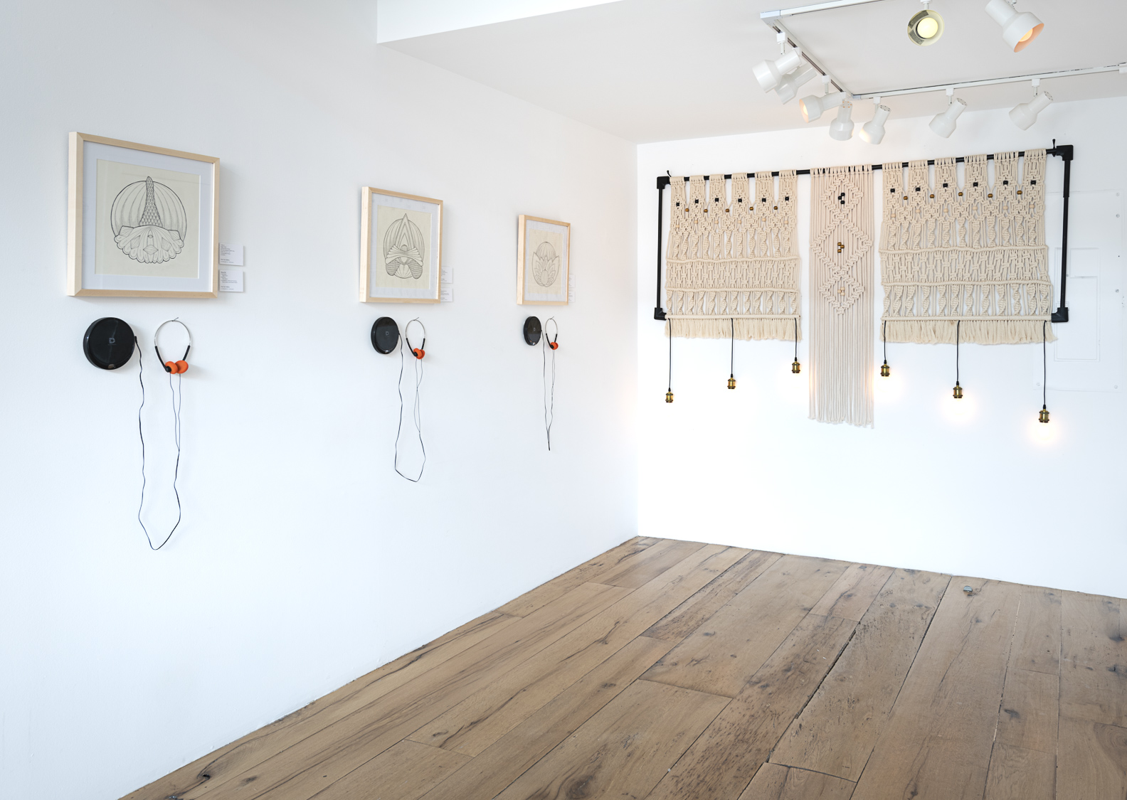 Gallery with framed artwork on white wall and headphones hanging below each, window with beige curtains, wooden floor.