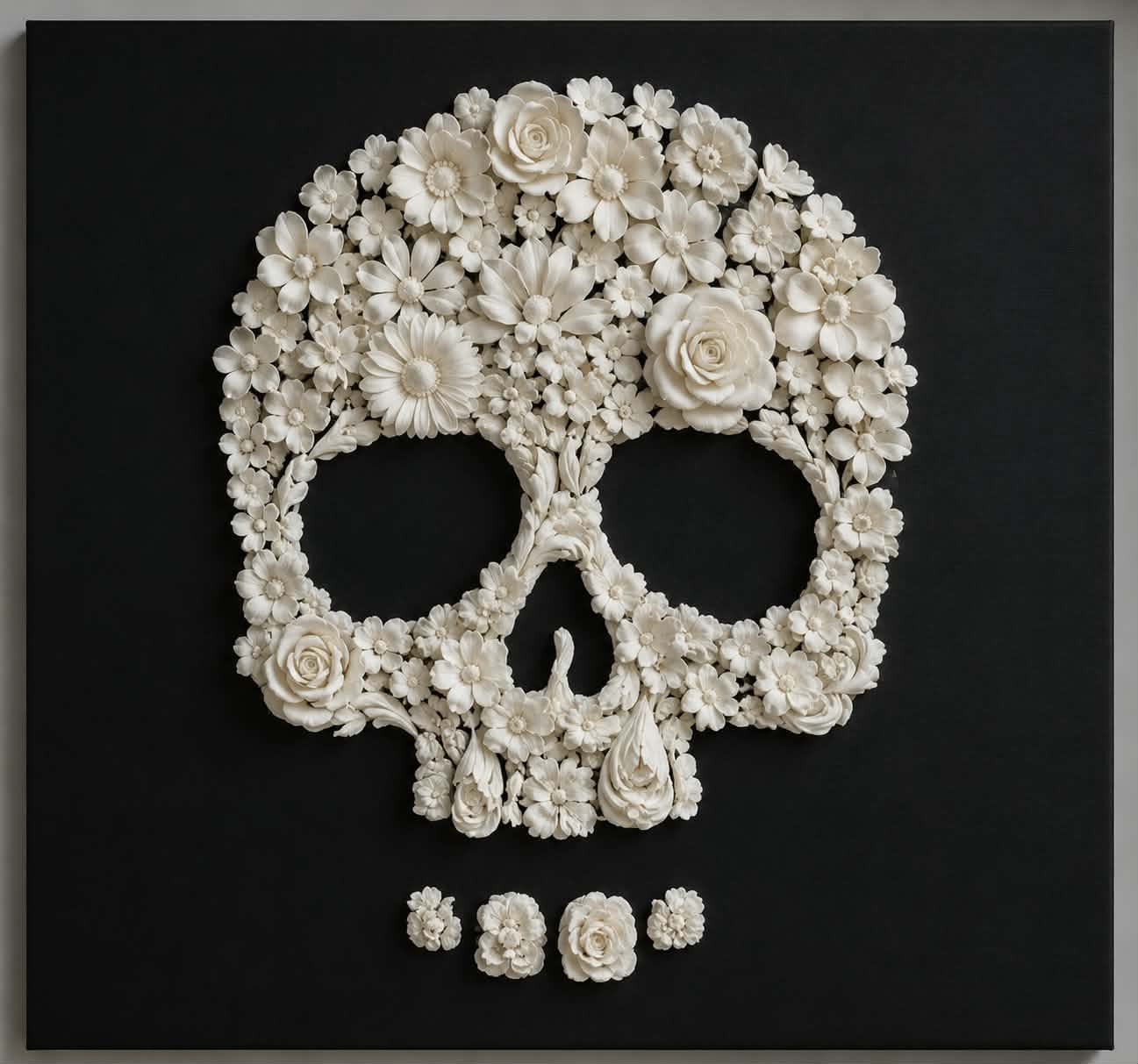 White floral skull with flowers and roses on black background, with three small flowers below, neutral and detailed.
