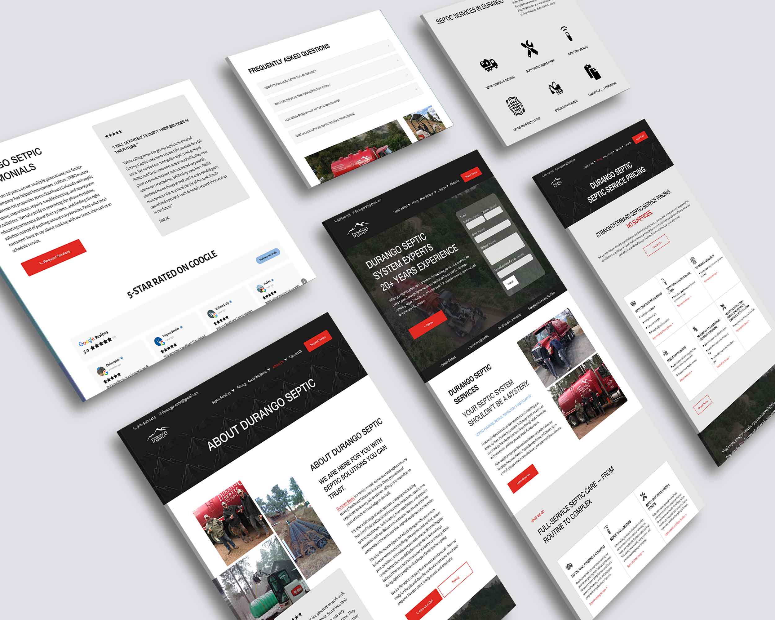 Six printed web page designs with text, images, and icons arranged on a light gray background.