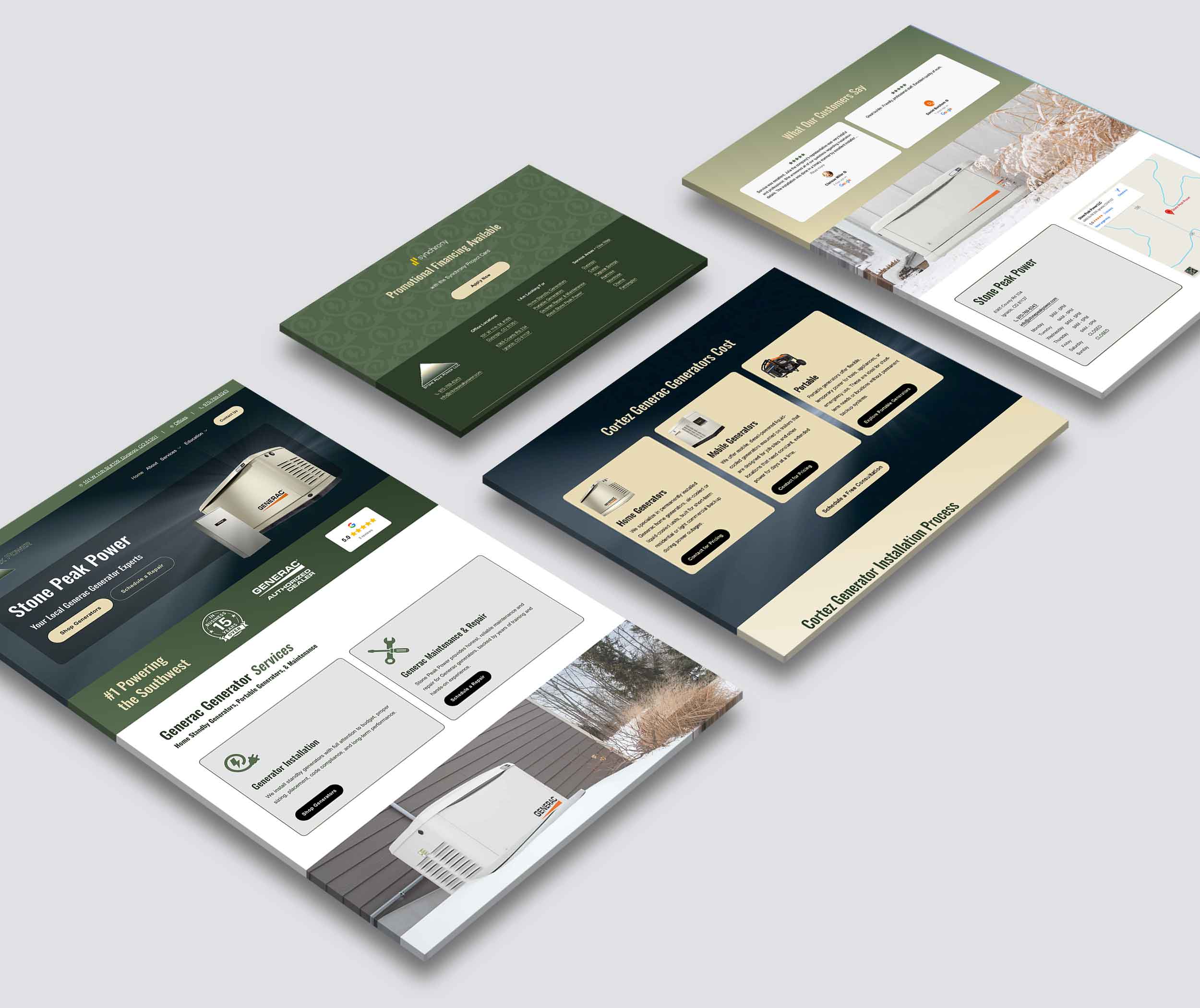 Four brochures or flyers with various designs and colors, arranged on a light gray surface.