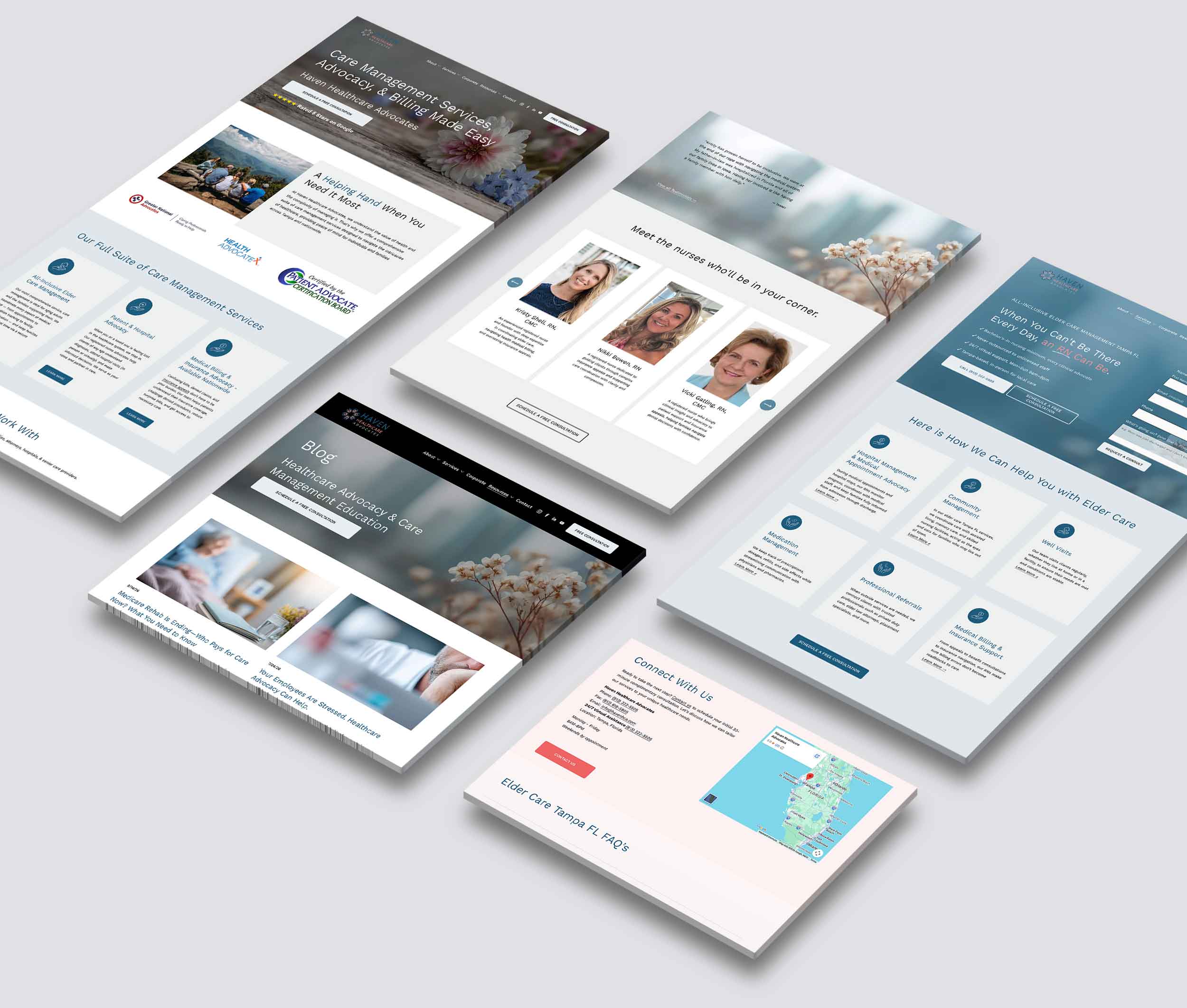 Six website mockups displayed on a light gray background, showing various layouts and content sections.