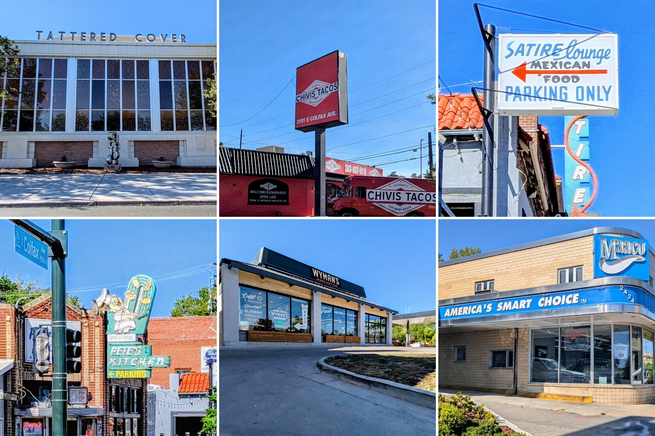 Six images of various storefronts and signs, including a tattered cover building, a red sign, a parking sign, a restaurant, a fast-food place, and a diner.