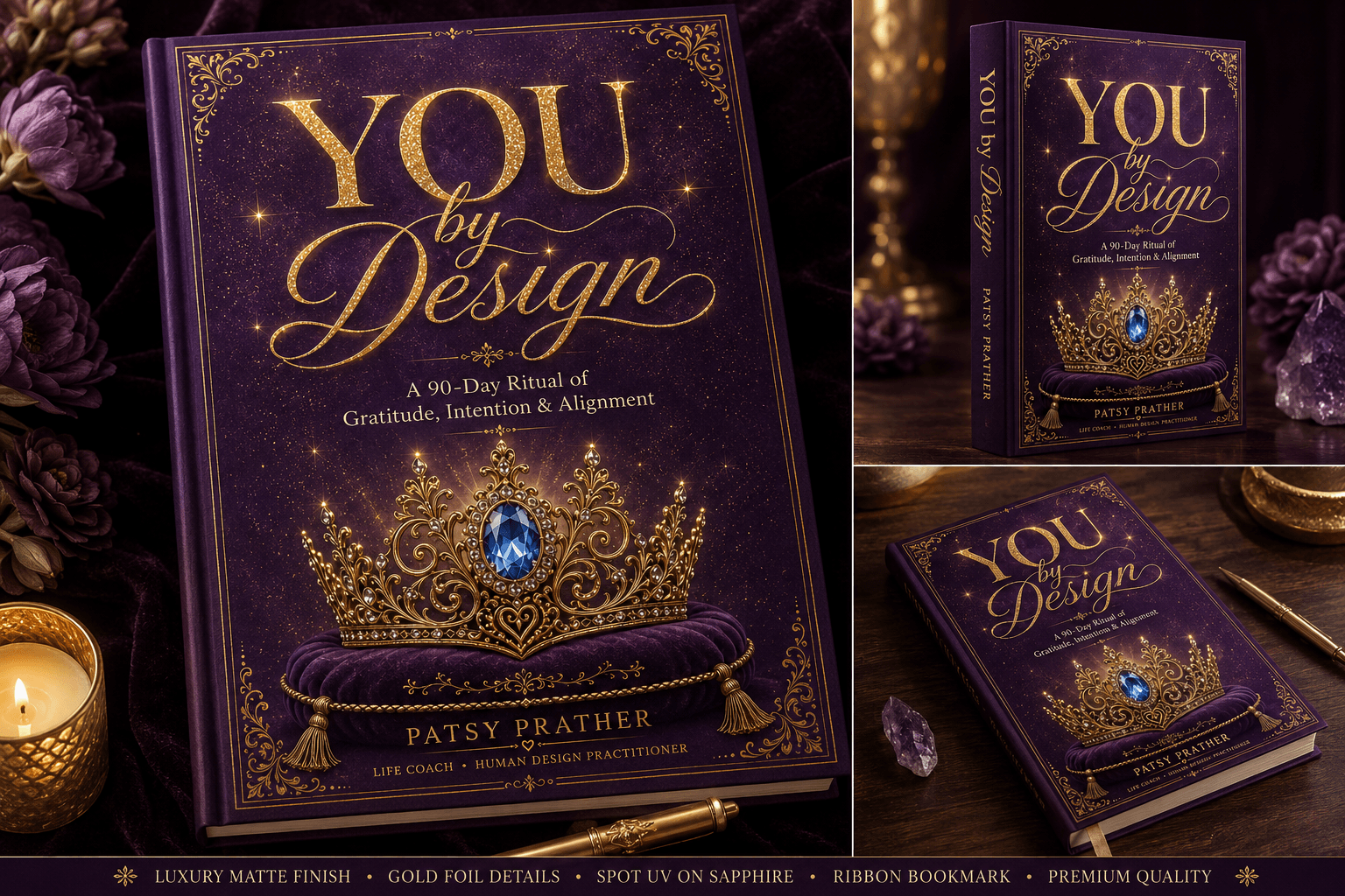 Book titled 'You by Design' with a purple cover, gold crown, and blue gemstone, surrounded by purple flowers and candles.
