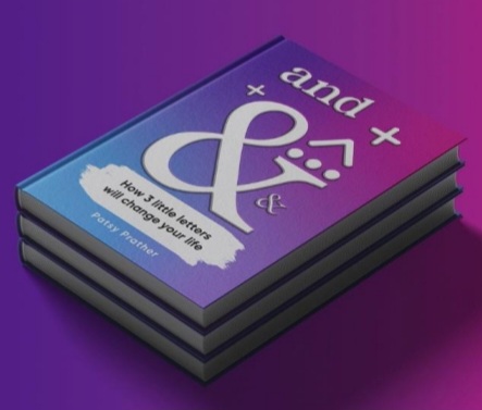 Stack of three books with purple and pink gradient cover, titled 'and &', with subtitle about letter shapes, on purple surface.