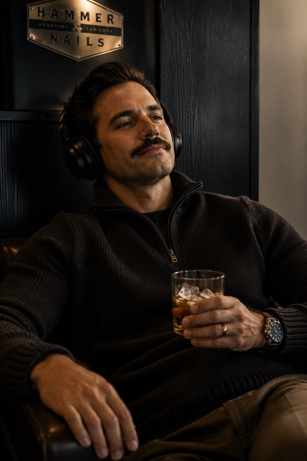 Man with headphones holding a glass of drink, sitting in a dimly lit room, relaxed expression, dark background.