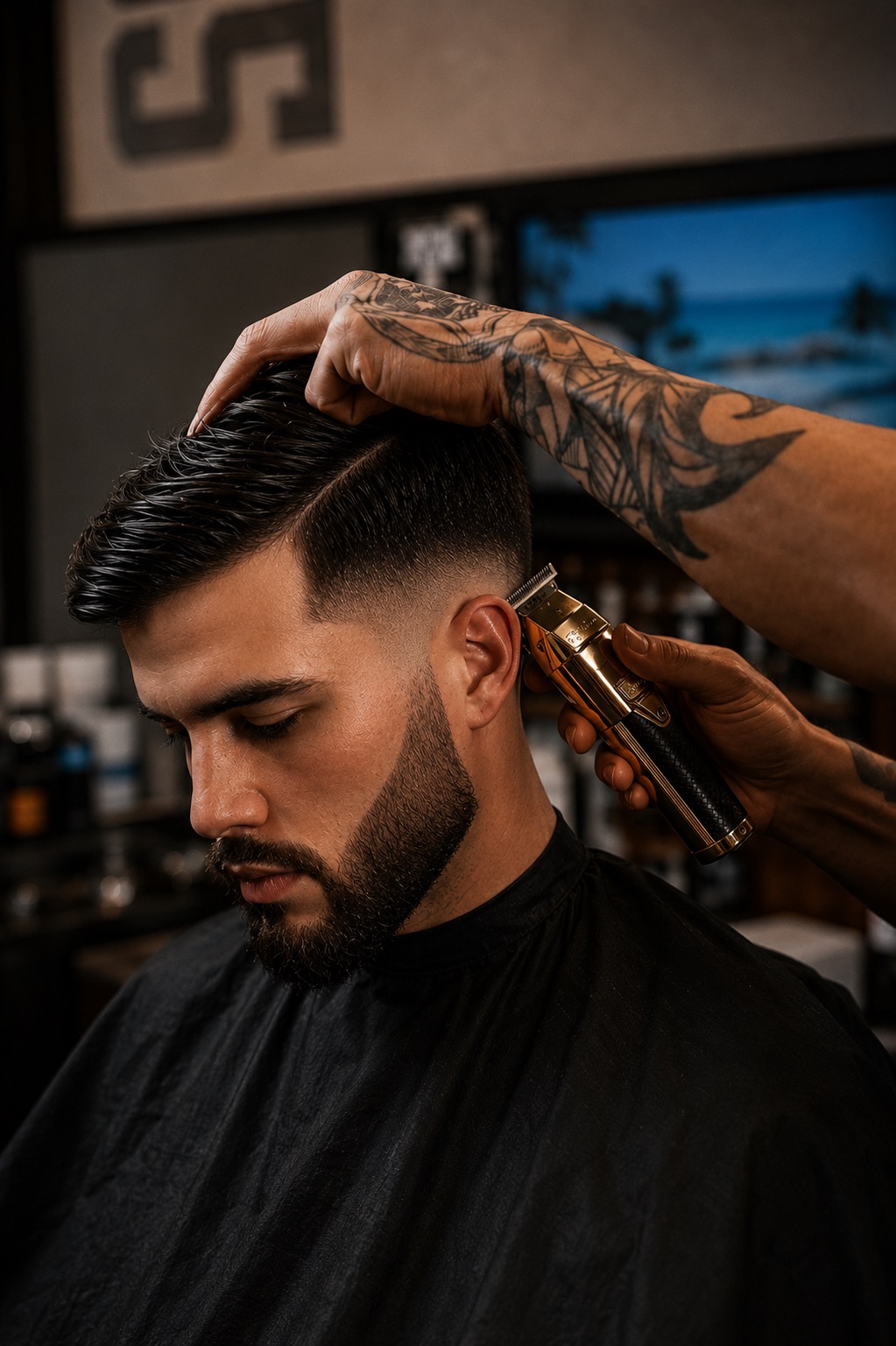 Barber trims man's hair with a clipper, man has dark hair and beard, barber's tattooed arm visible, background includes a TV screen.