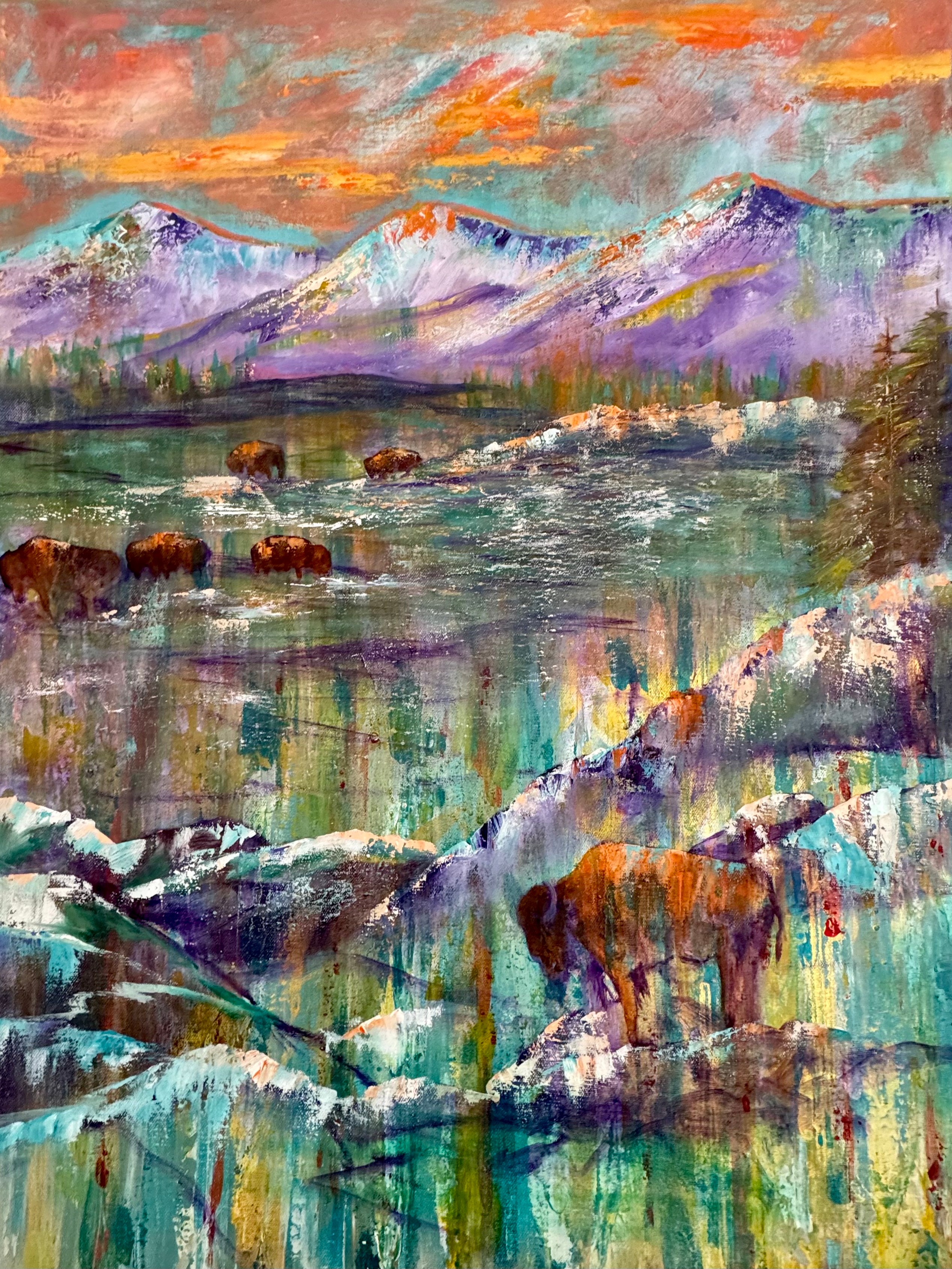 Colorful landscape with mountains, water, and animals, featuring vibrant sky and reflections, painted in an impressionistic style.