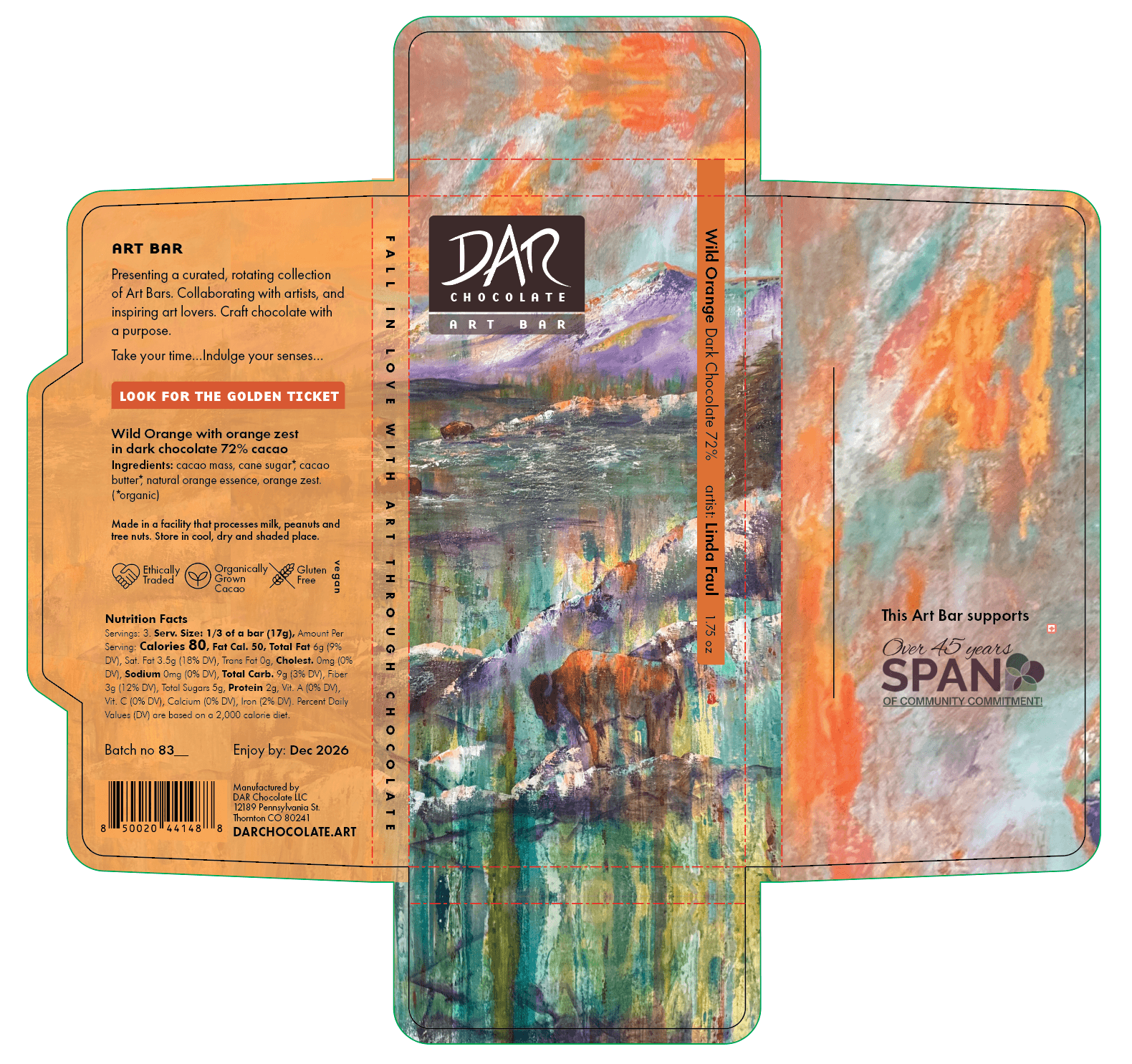 Colorful abstract painting with orange, blue, green, and pink hues on a folded packaging box, with text and labels.