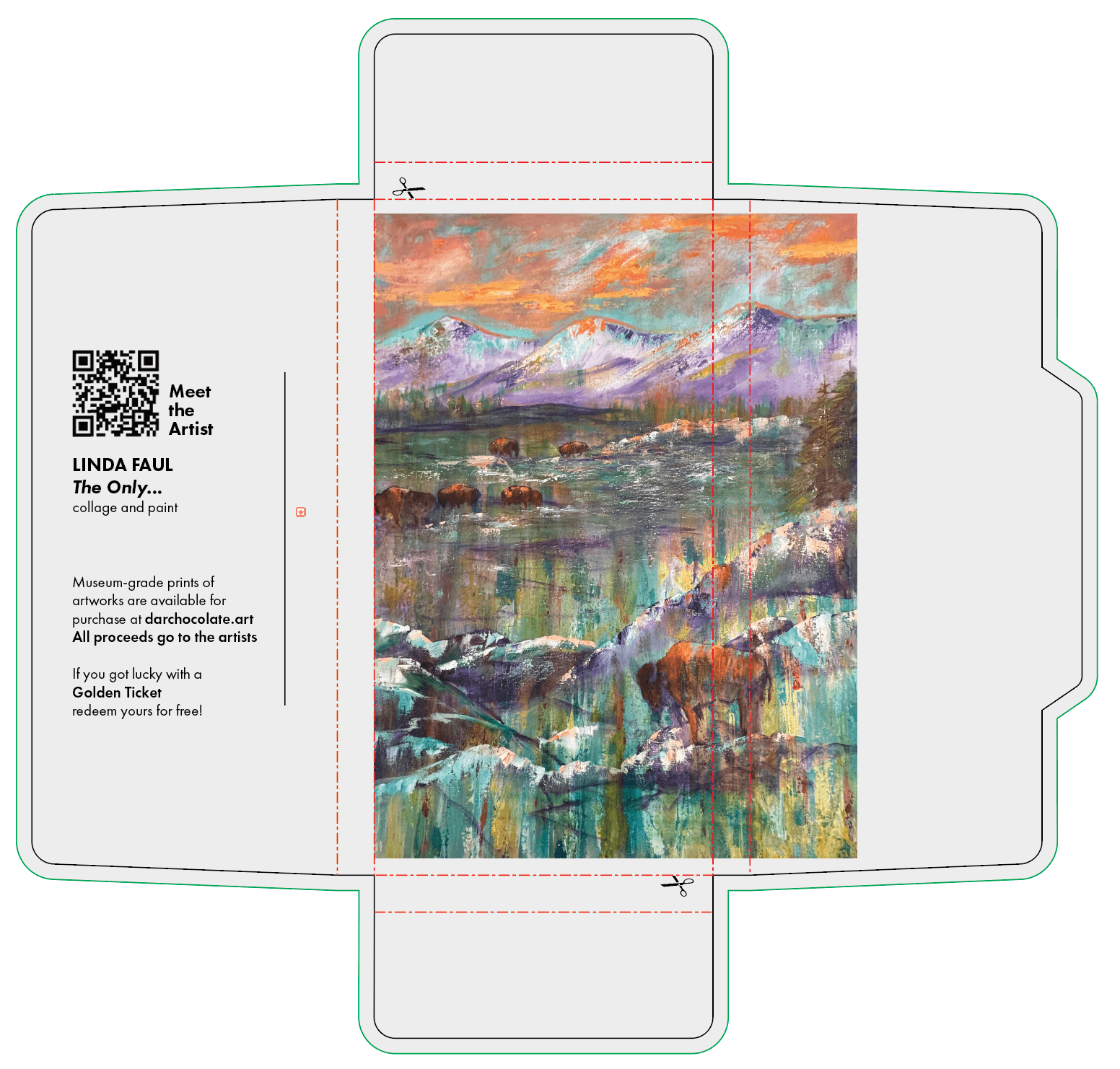 Colorful landscape painting with mountains, water, and animals, on a flat surface with text and QR code on the side.